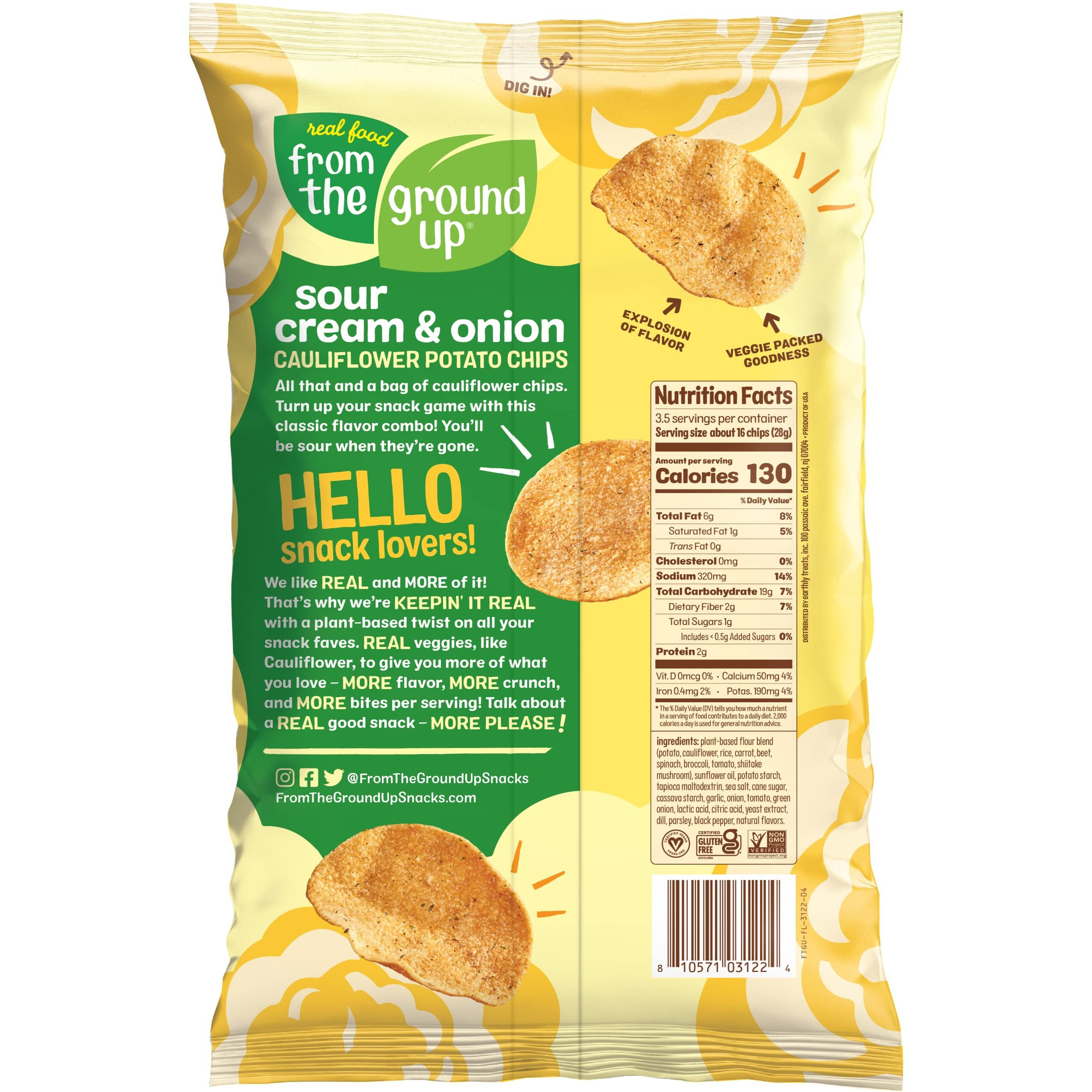 Real Food From The Ground Up Cauliflower Chips - 6 Pack Snack Bags (Sour Cream & Onion, 6 Pack)