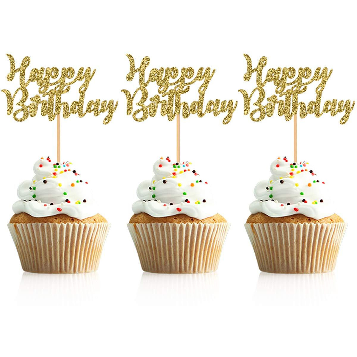 Donoter 48 Pcs Gold Glitter Happy Birthday Cupcake Toppers Cake Picks For Birthday Party Decoration Supplies (Gold)