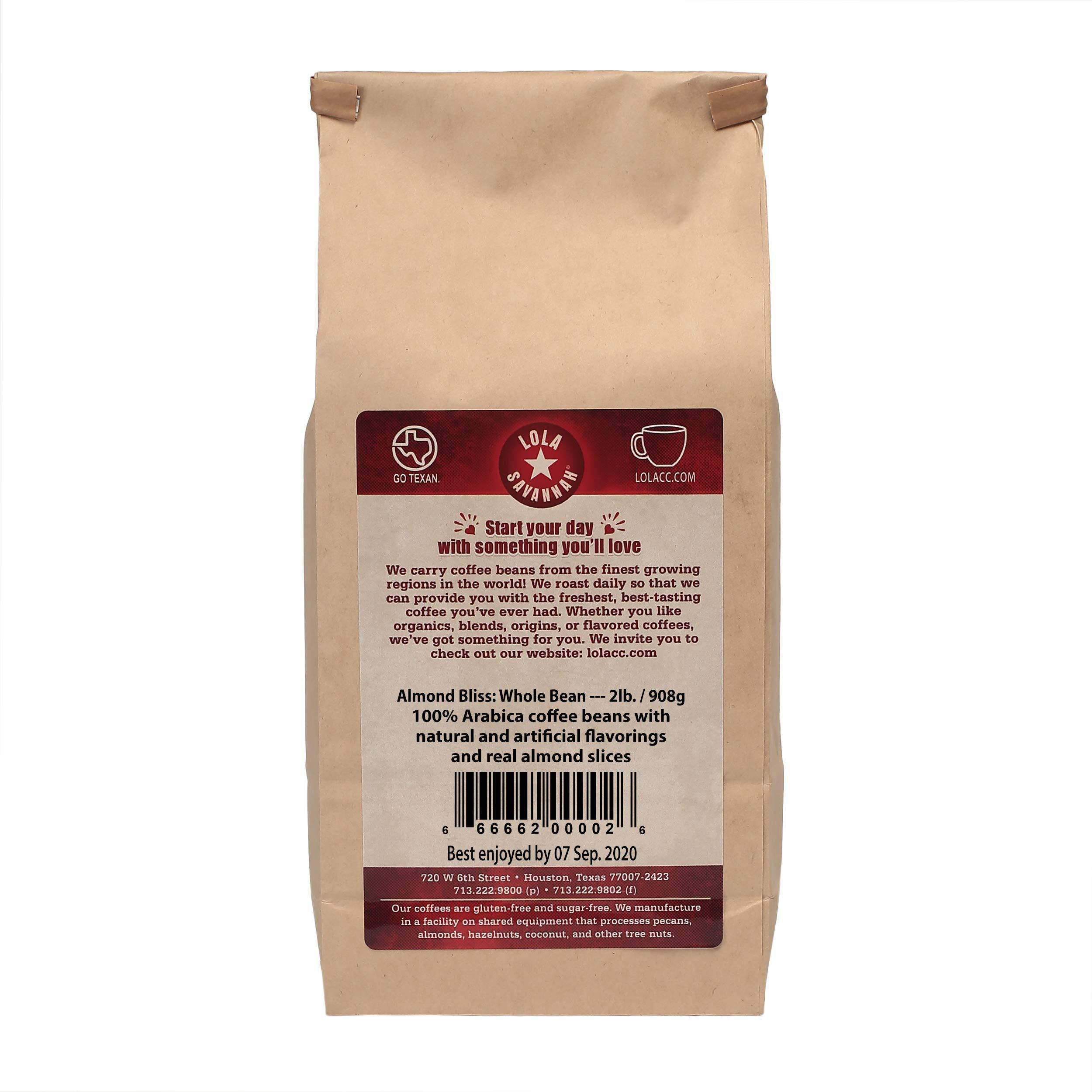 Lola Savannah Almond Bliss Whole Bean Caffeinated Coffee, 2Lb,1 Pack