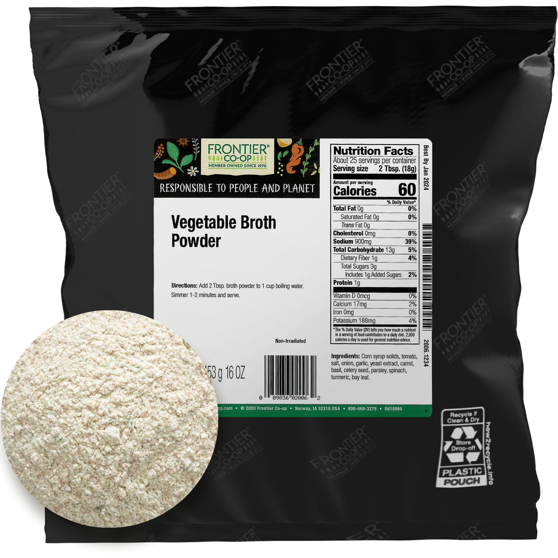 Frontier Co-Op Vegetable Broth Powder, 1-Pound Bulk Bag, Broth, Soup Base, Gravy, Hot Drink, Kosher