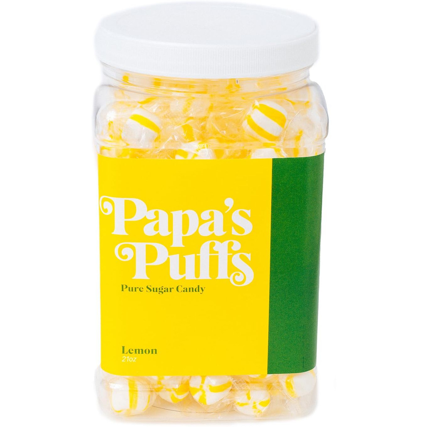 Papa's Puffs Lemon Flavored Pure Sugar Candy - Individually Wrapped In Resealable Tub - Fat-Free, Gluten-Free, Cholesterol-Free - Manufactured In The Usa