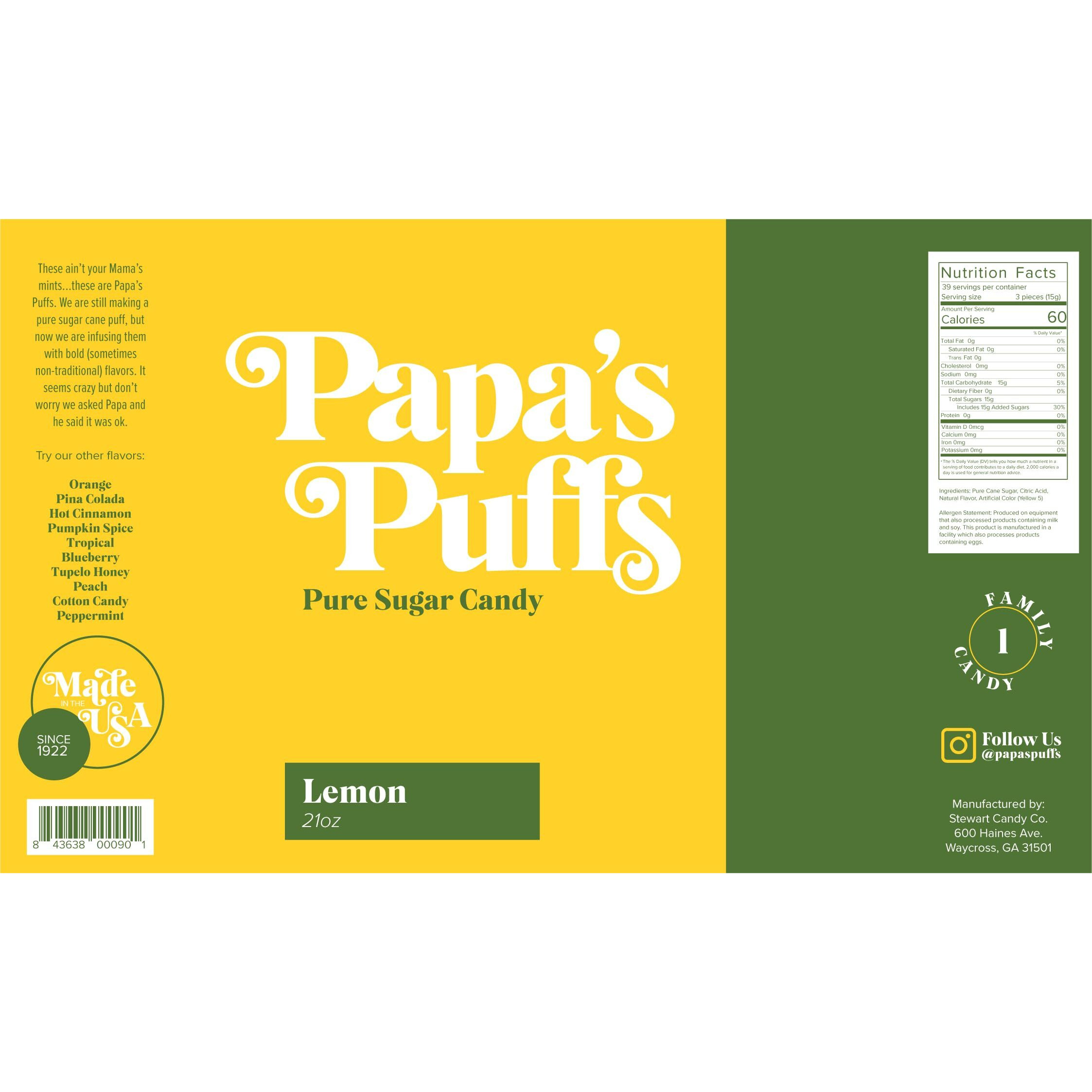 Papa's Puffs Lemon Flavored Pure Sugar Candy - Individually Wrapped In Resealable Tub - Fat-Free, Gluten-Free, Cholesterol-Free - Manufactured In The Usa