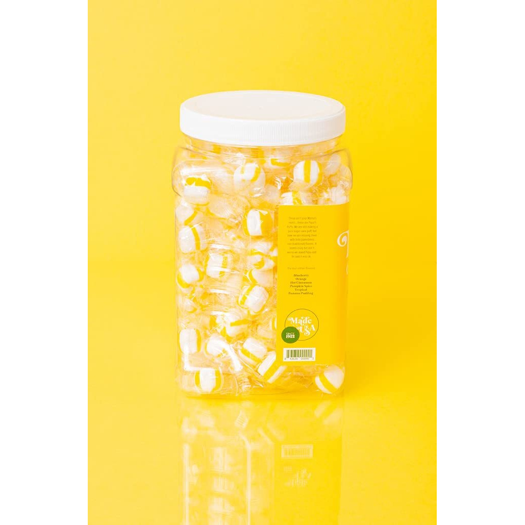 Papa's Puffs Lemon Flavored Pure Sugar Candy - Individually Wrapped In Resealable Tub - Fat-Free, Gluten-Free, Cholesterol-Free - Manufactured In The Usa