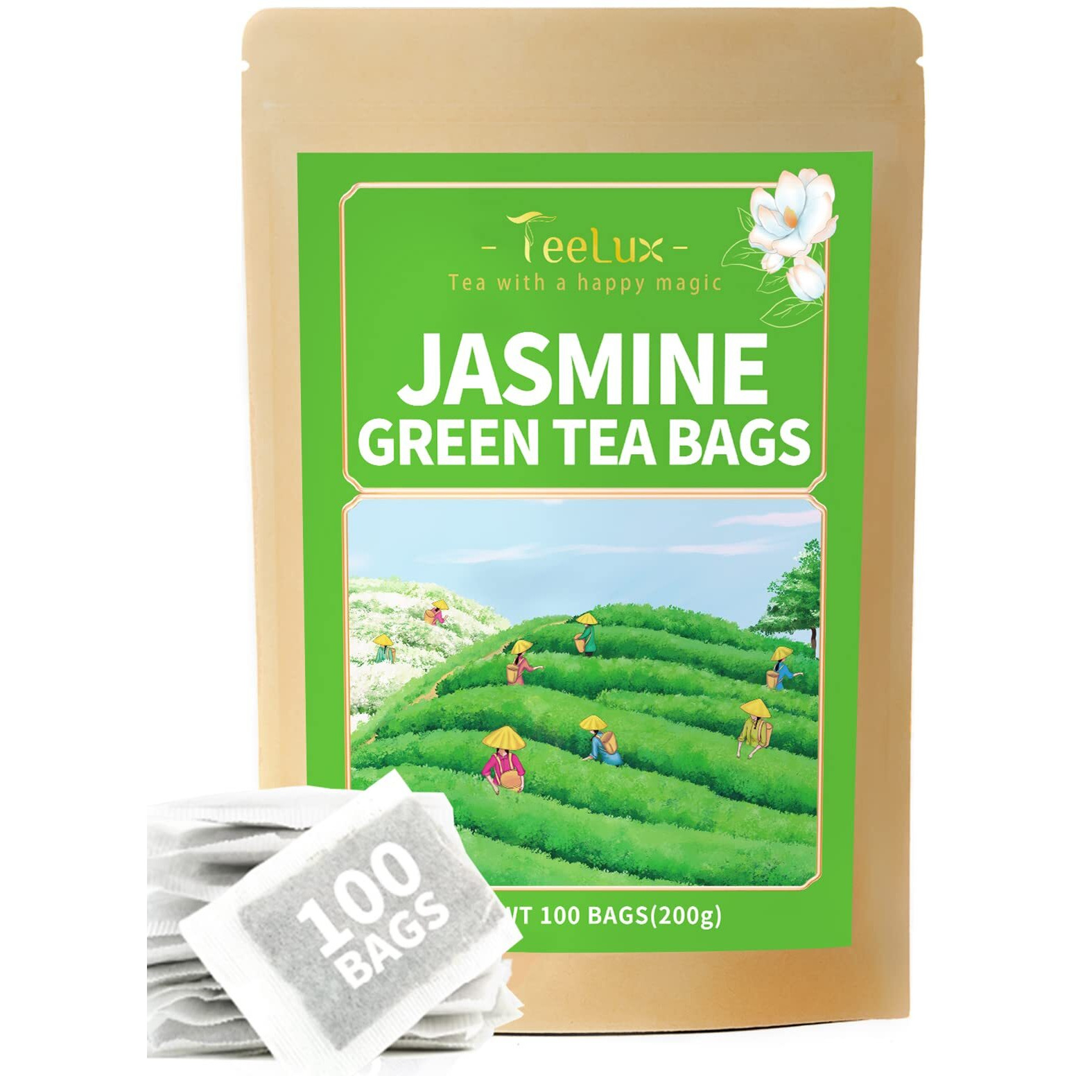 Teelux Jasmine Green Tea Bags, Natural Caffeinated Jasmine Scented Green Tea With Pleasant Aroma, 100 Count Tea Bags