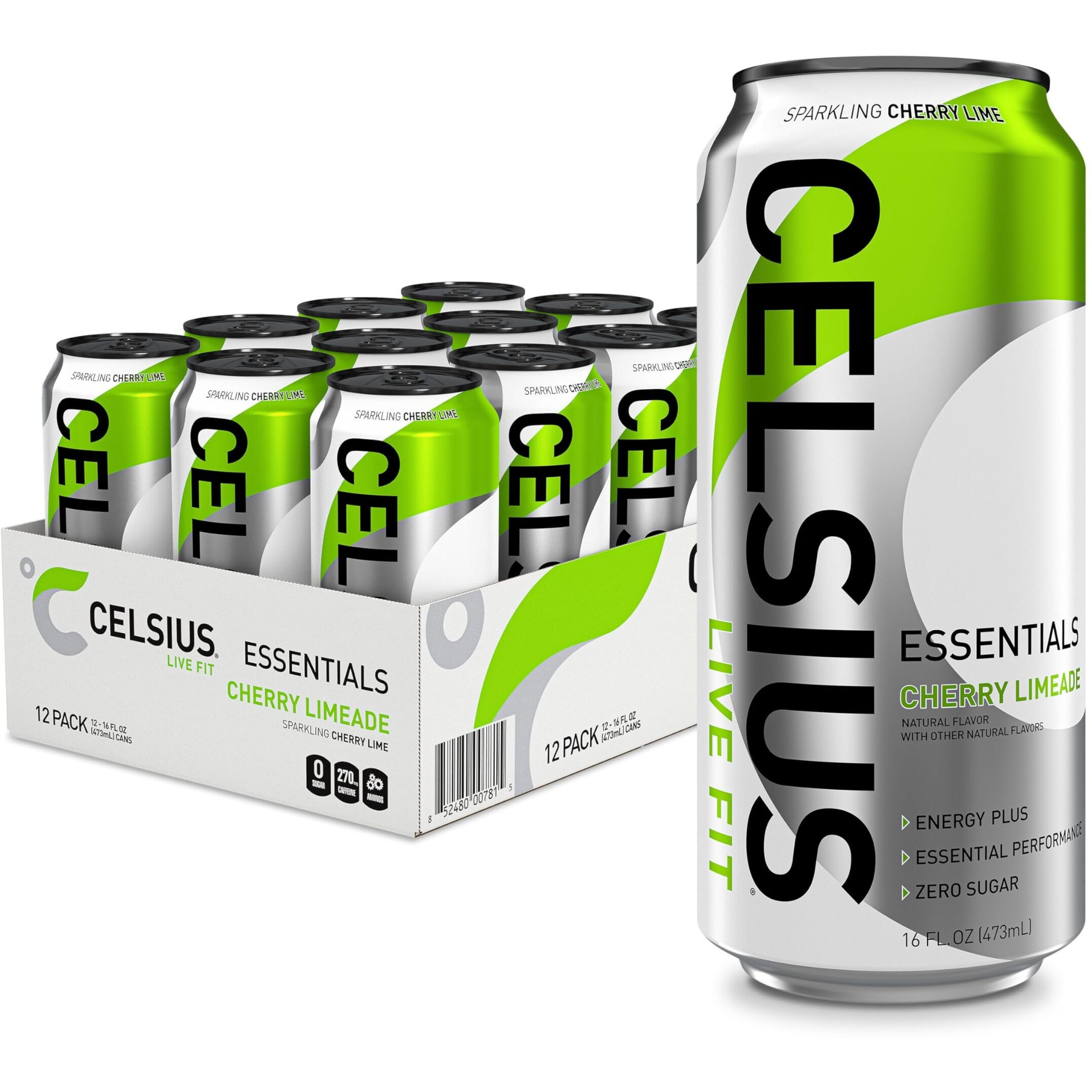 Celsius Essentials, Sparkling Cherry Limeade, Performance Energy Drink 16 Fl Oz (Pack Of 12)