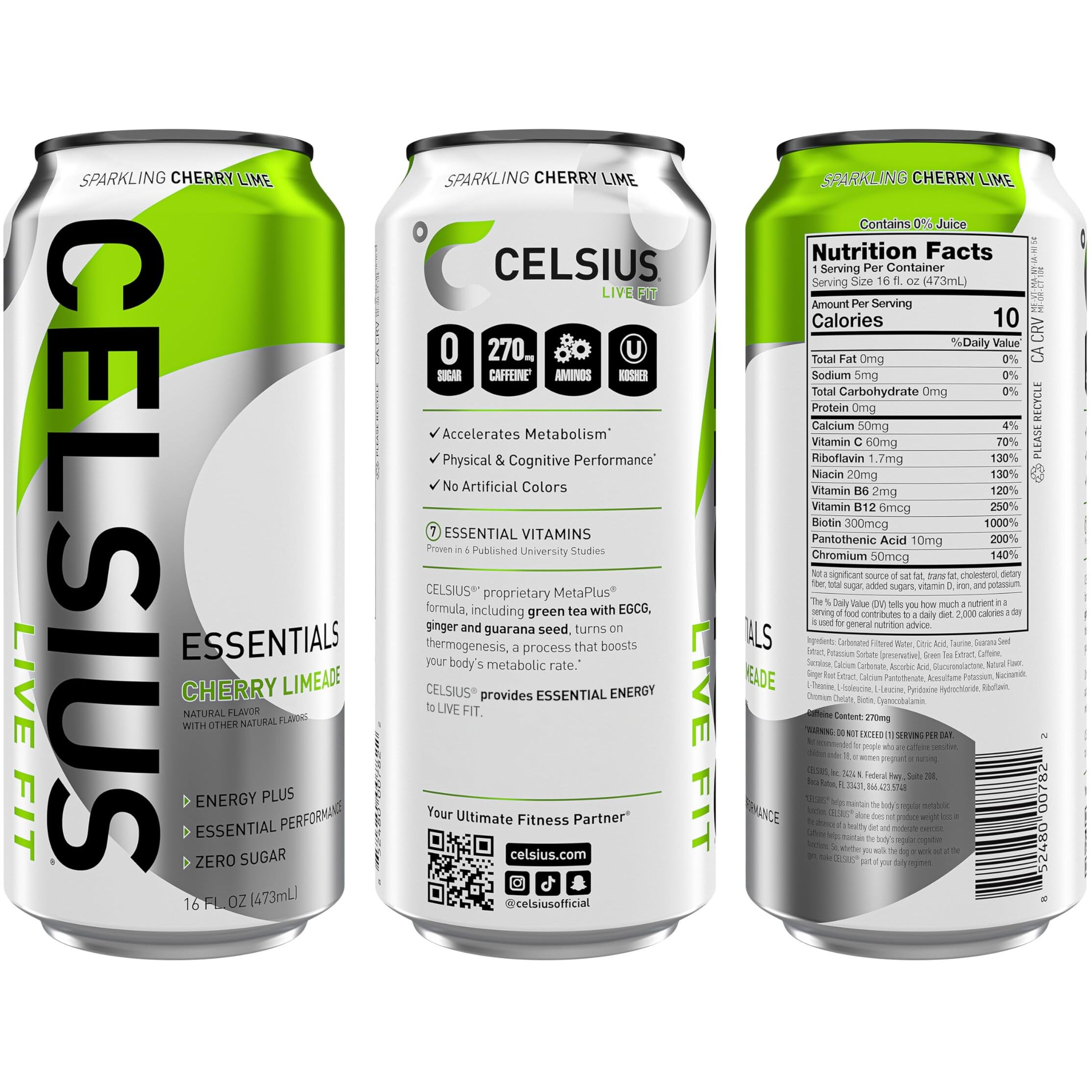Celsius Essentials, Sparkling Cherry Limeade, Performance Energy Drink 16 Fl Oz (Pack Of 12)