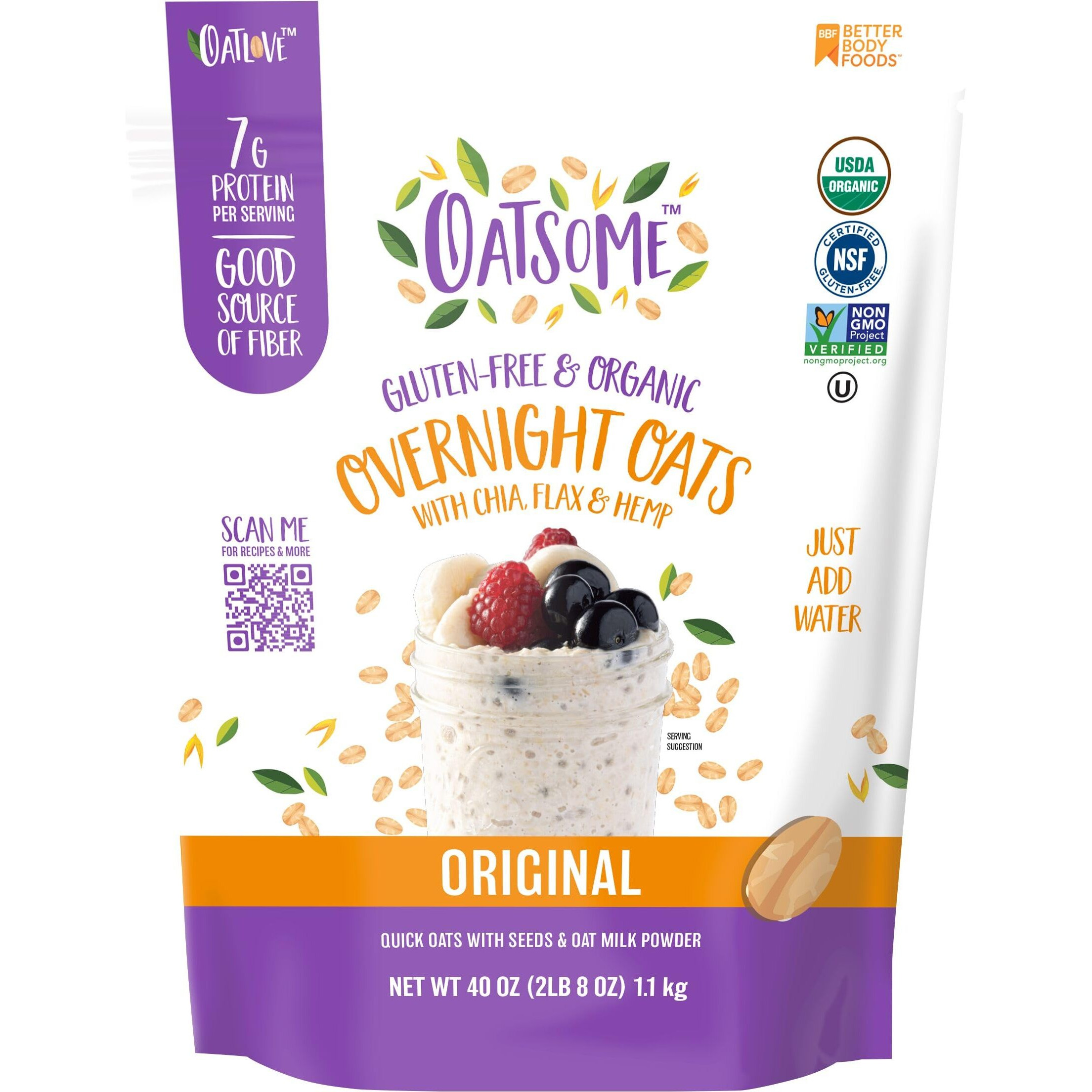 Oatsome Organic Overnight Oats With Chia, Flax, & Hemp, Gluten-Free Oatmeal With 7G Of Protein, 2.5 Lb Bag