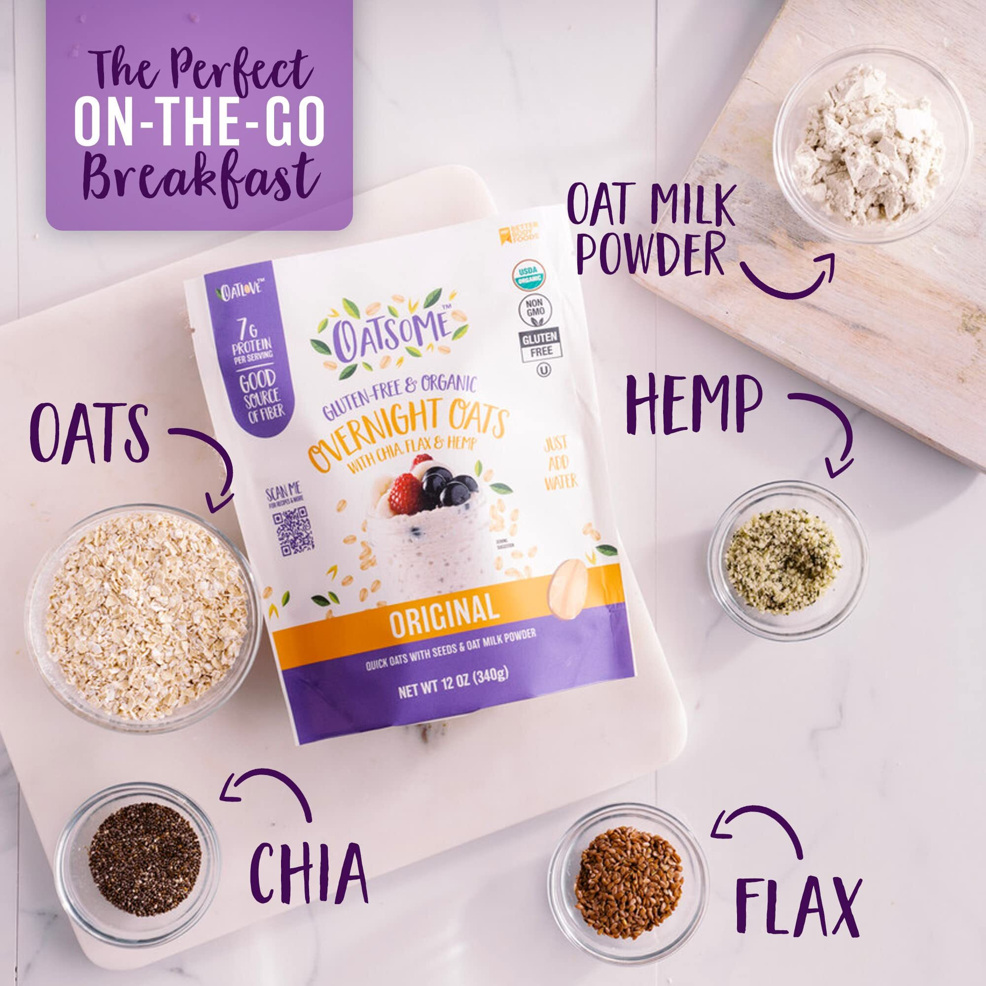 Oatsome Organic Overnight Oats With Chia, Flax, & Hemp, Gluten-Free Oatmeal With 7G Of Protein, 2.5 Lb Bag