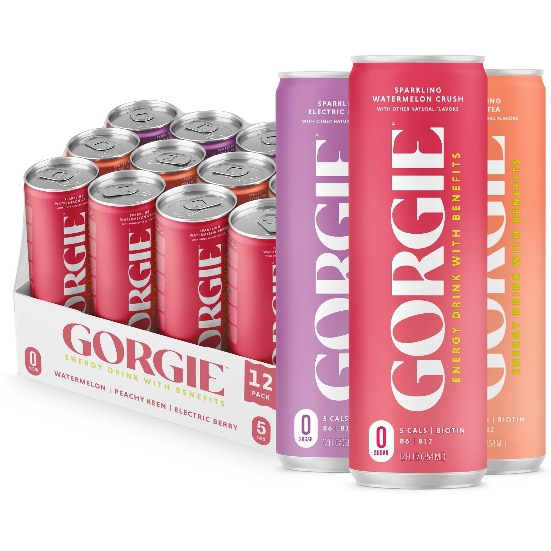 Gorgie Original Variety, Sugar-Free Natural Energy Drink Sparkling, Healthy Energy Drinks - Green Tea, Biotin, B Vitamins -150Mg Caffeine, Vegan, & Low Calorie (Pack Of 12)