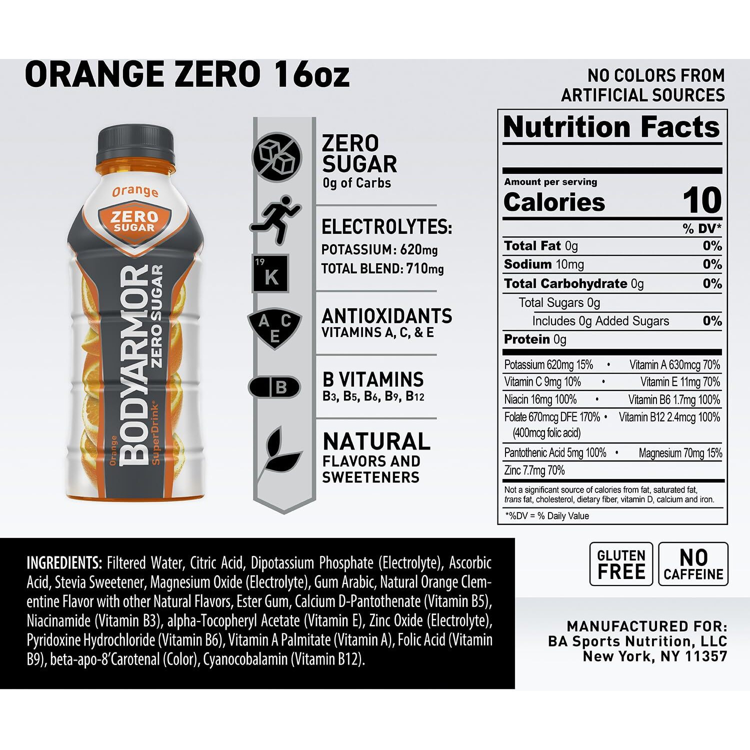 Bodyarmor Zero Sugar Orange, Sugar Free Sports Drink - Low-Calorie Hydration - Natural Flavors With Potassium Packed Electrolytes, Antioxidants, And B-Vitamins, 16 Fl Oz (Pack Of 12)