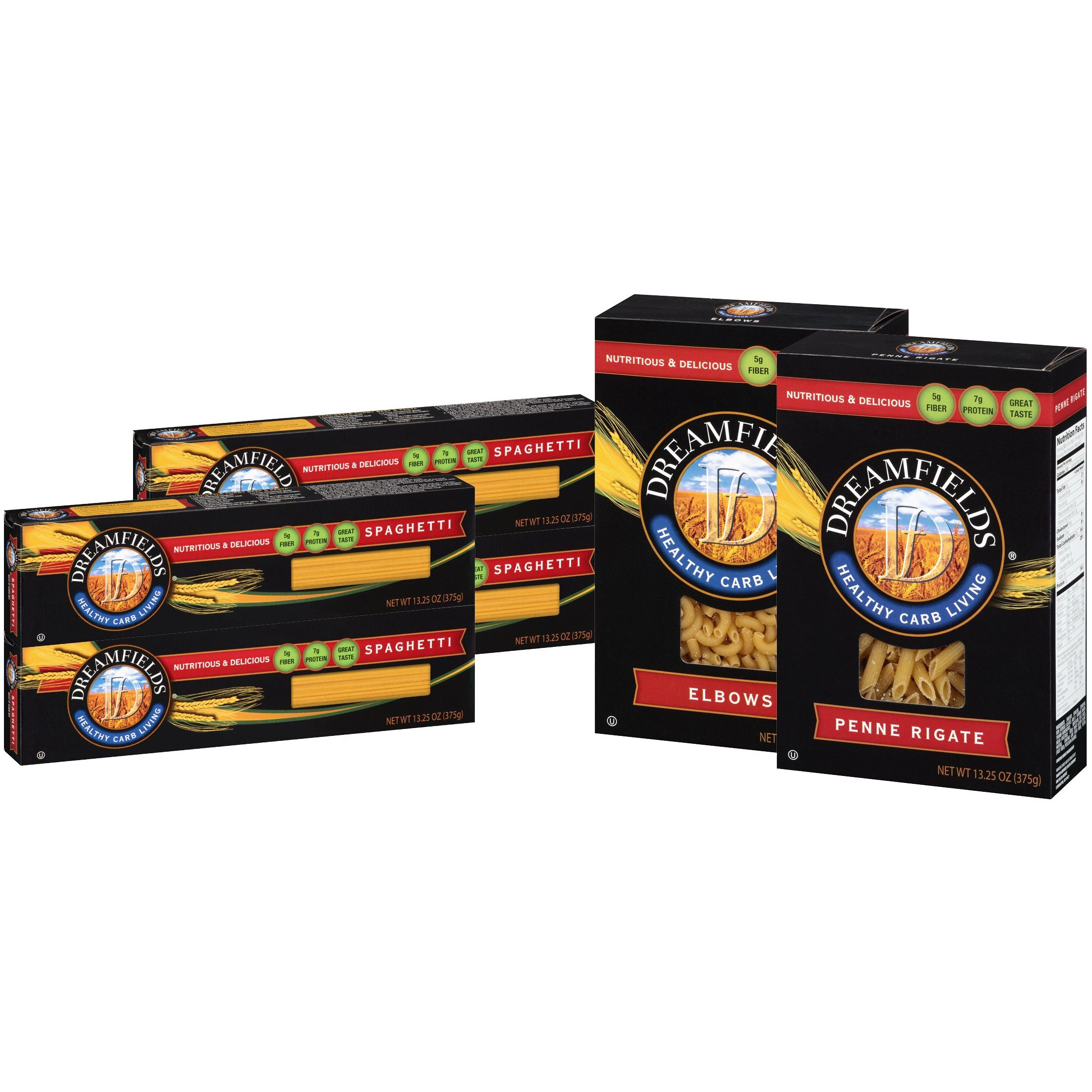 Dreamfields Pasta Healthy Carb Living Variety Six Pack (4 - 13.5 Oz Boxes Spaghetti, 1-13.25 Oz. Box Elbows, 1-13.25 Oz. Box Penne Rigate)