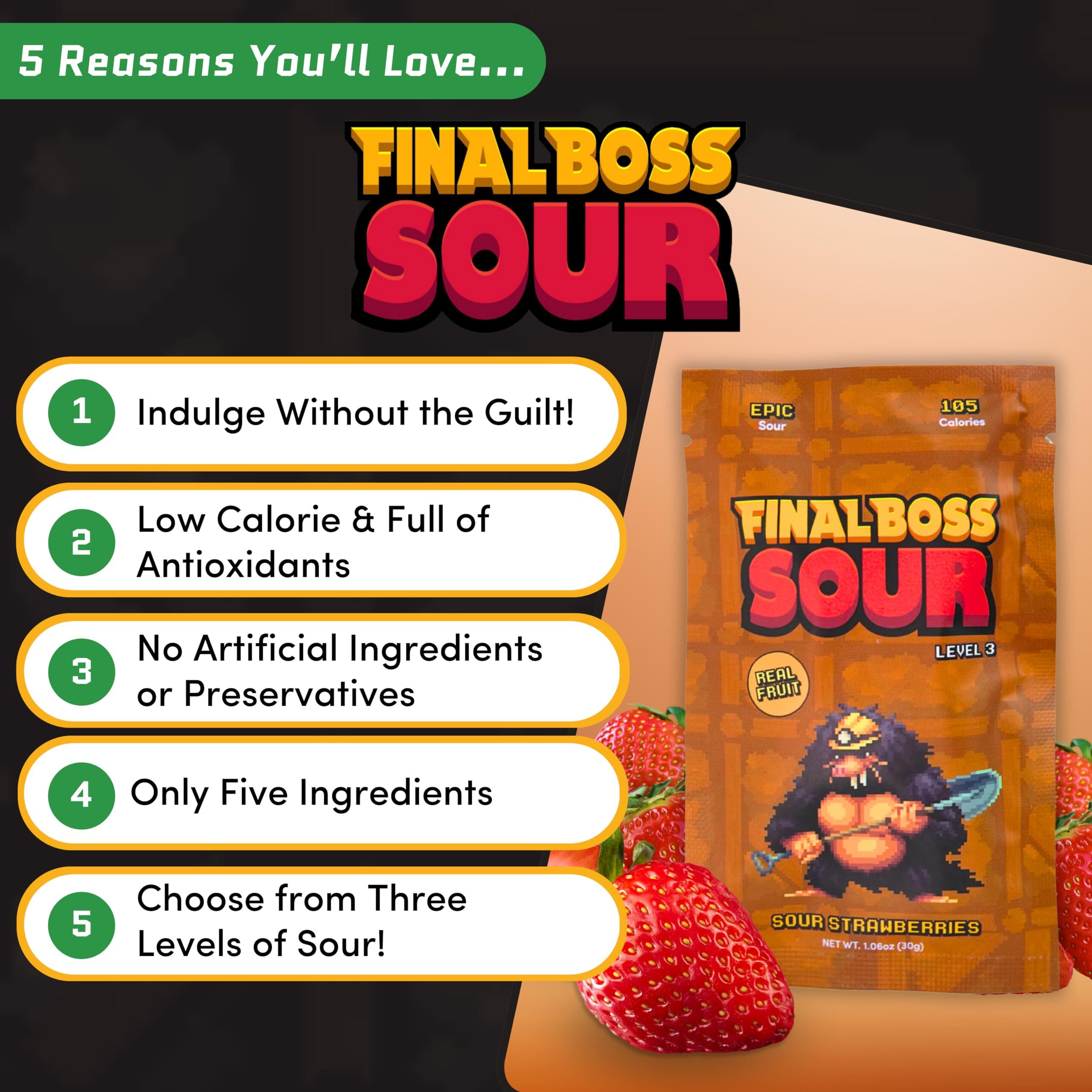 Final Boss Extremely Super Sour Candy, Natural Chewy Strawberry Gummies Made With Dried Fruit, Free Of Artificial Colors, Low Calorie Healthy Snack For Kids & Adults, 1.06Oz, 10 Pack (Lvl 3 Sourness)