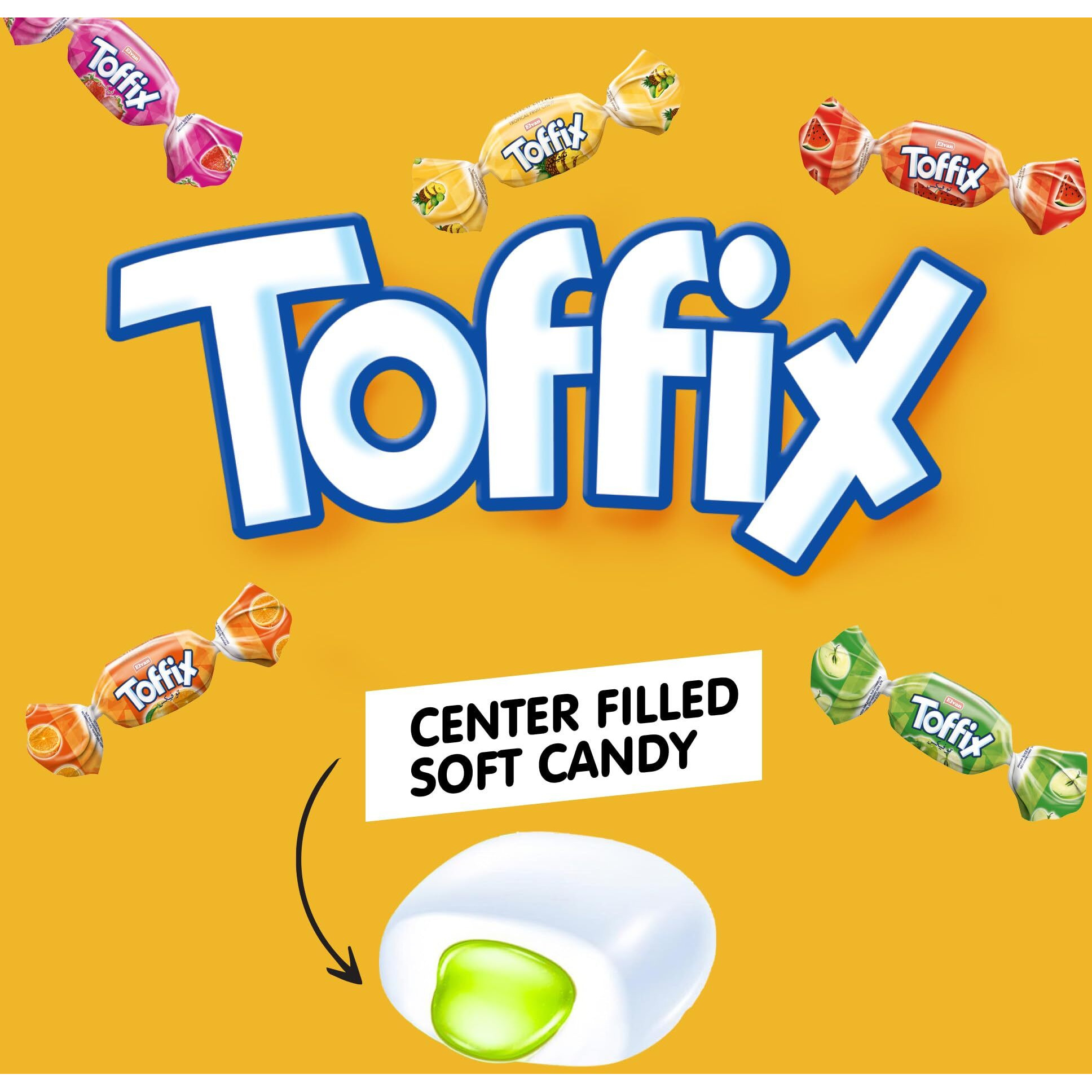 Toffix | Fruit Chews Assorted Bulk Candy 250+ Pieces | Center-Filled Soft Fruit Chews Candy - Individually Wrapped For Freshness - 2.2 Pound (Orange, Strawberry, Pineapple, Watermelon, Apple)