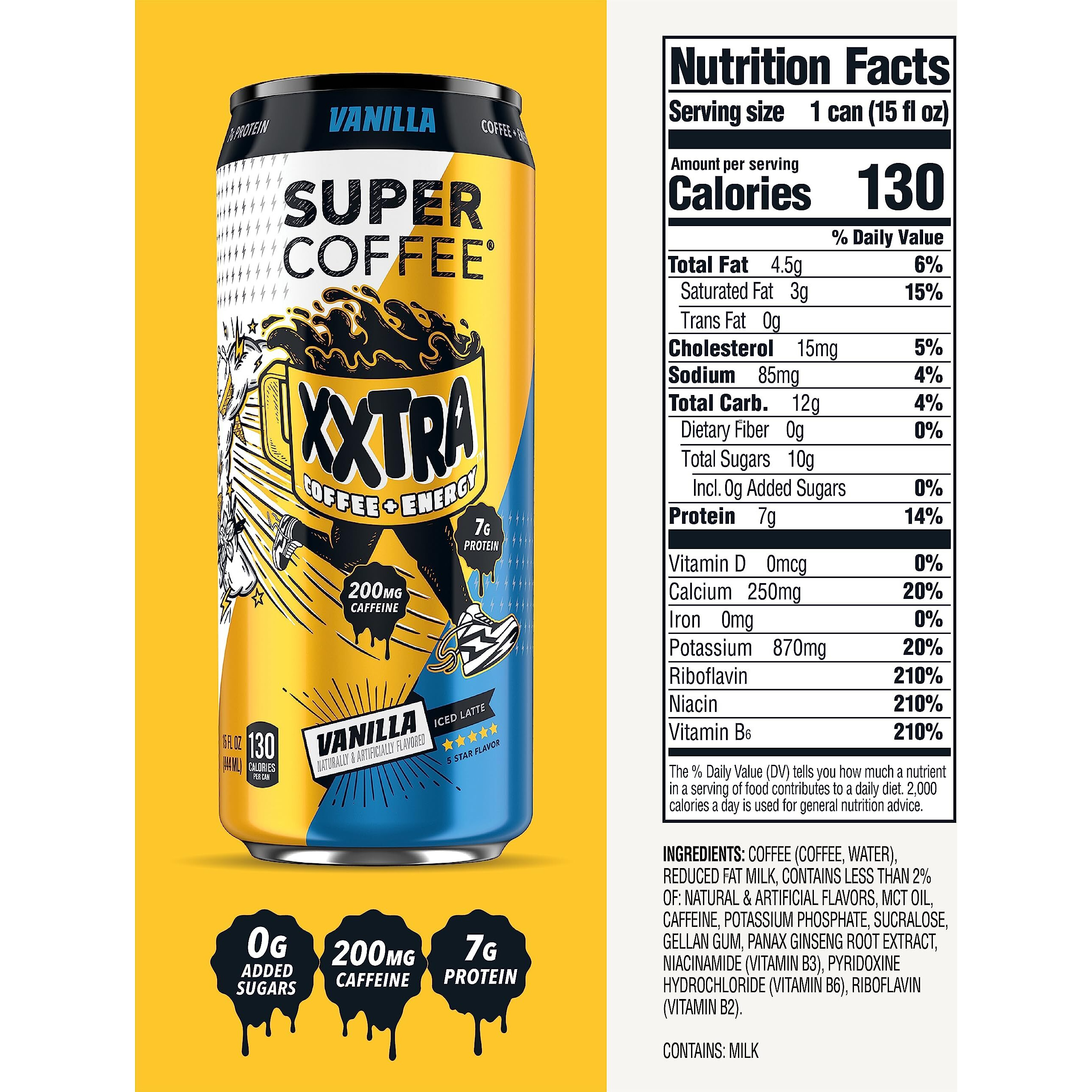 Super Coffee Xxtra, Iced Coffee (0G Added Sugar, 7G Protein, 130 Calories) [Vanilla] 15 Fl Oz, 12 Pack | Iced Coffee, Protein Coffee, Coffee Drinks, Smart Coffee - Soyfree Glutenfree