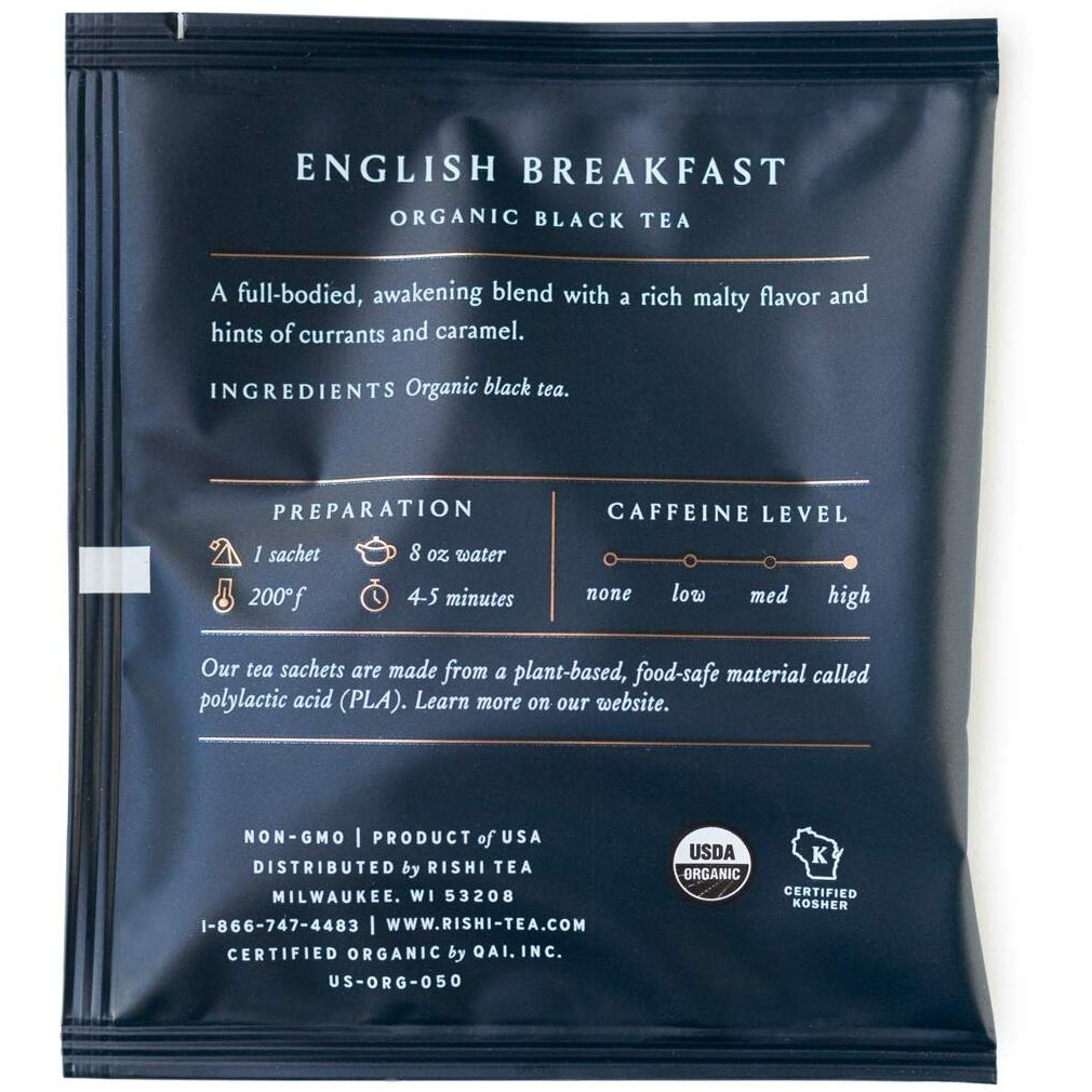 Rishi Tea English Breakfast Tea - Organic Sachet Tea Bags, Energizing & Caffeinated Pure Black Tea, Ideal For Hot Or Iced Tea - 50 Count