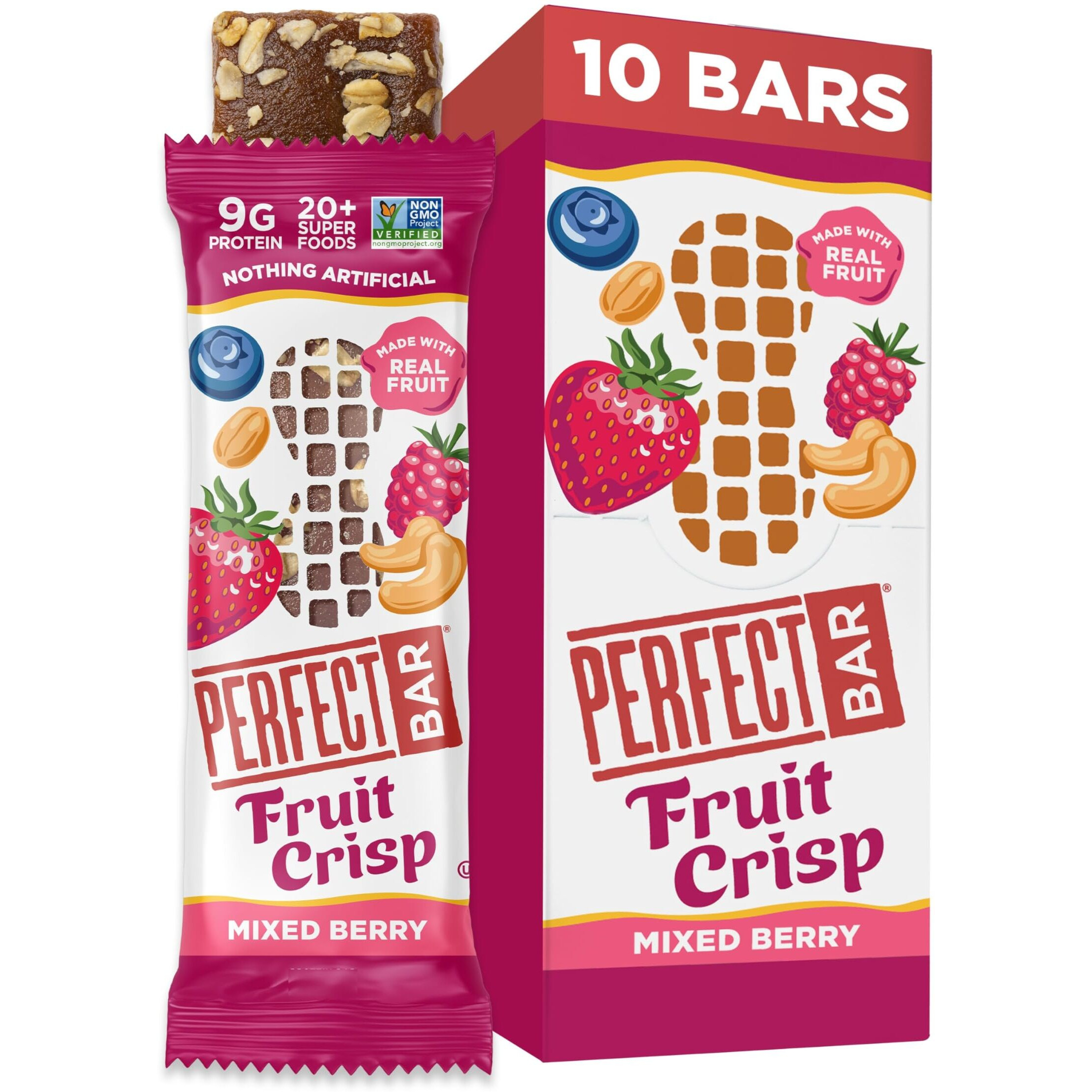 Perfect Bar Fruit Crisp, Mixed Berry Nut Butter Protein Bar, Protein Snack, Gluten Free, Soy Free, Non Gmo, No Sugar Alcohols, 1.9 Ounce Bar, 10 Count