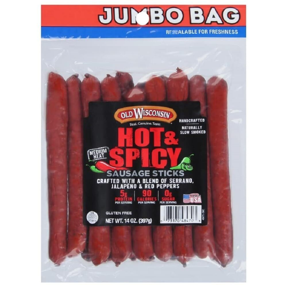 Old Wisconsin Hot & Spicy Twisted Link Sausage Snack Sticks, 14Oz Resealable Package, Naturally Smoked, Ready To Eat, High Protein, Low Carb, Keto, Gluten Free