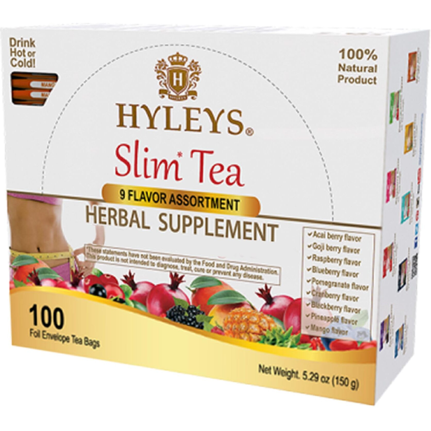 Hyleys Slim Tea 9 Flavor Assortment With Green Tea & Senna - Herbal Weight Loss Detox Cleanse Supplement For Belly Fat, Bloating & Metabolism Boost - 100 Tea Bags (1 Pack)