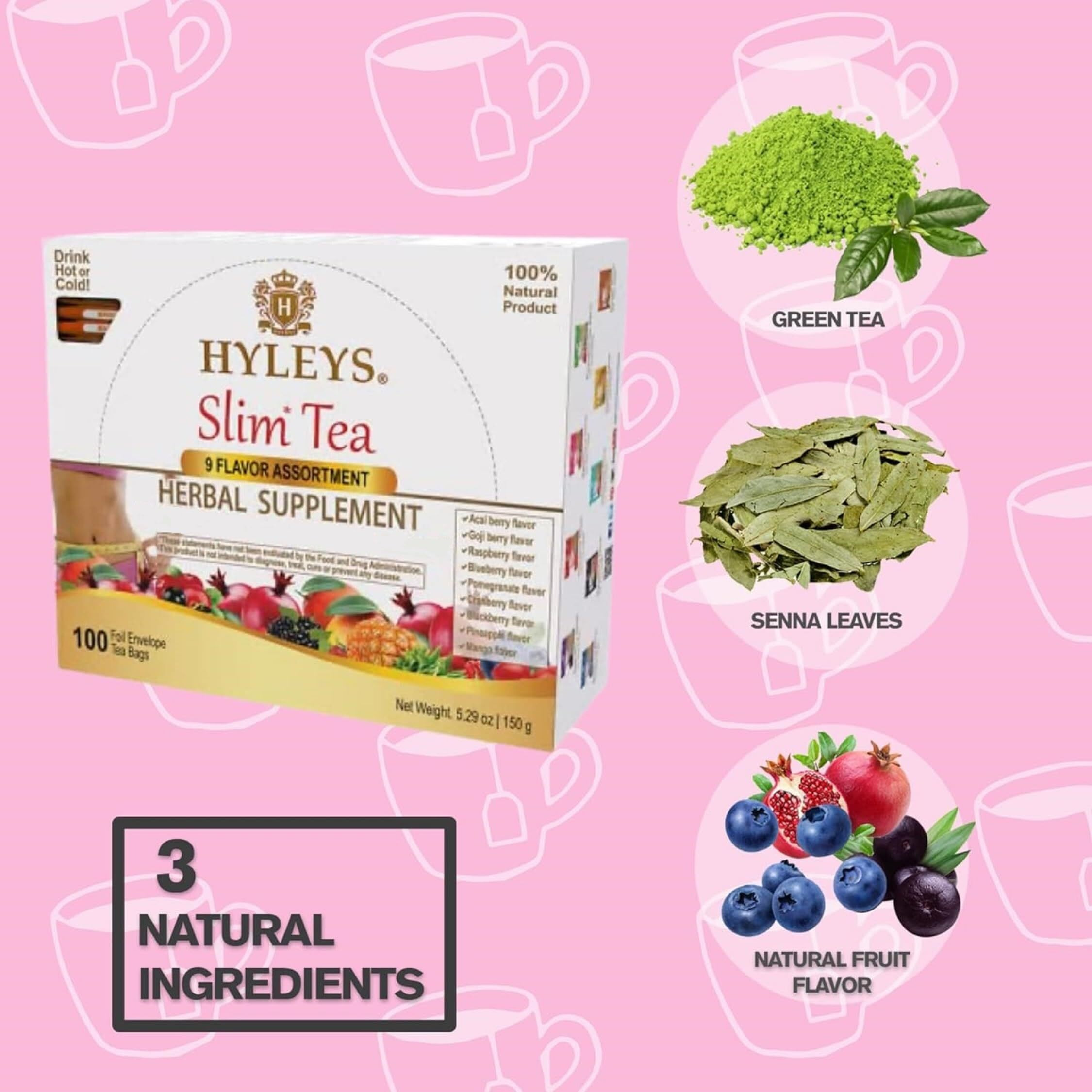 Hyleys Slim Tea 9 Flavor Assortment With Green Tea & Senna - Herbal Weight Loss Detox Cleanse Supplement For Belly Fat, Bloating & Metabolism Boost - 100 Tea Bags (1 Pack)
