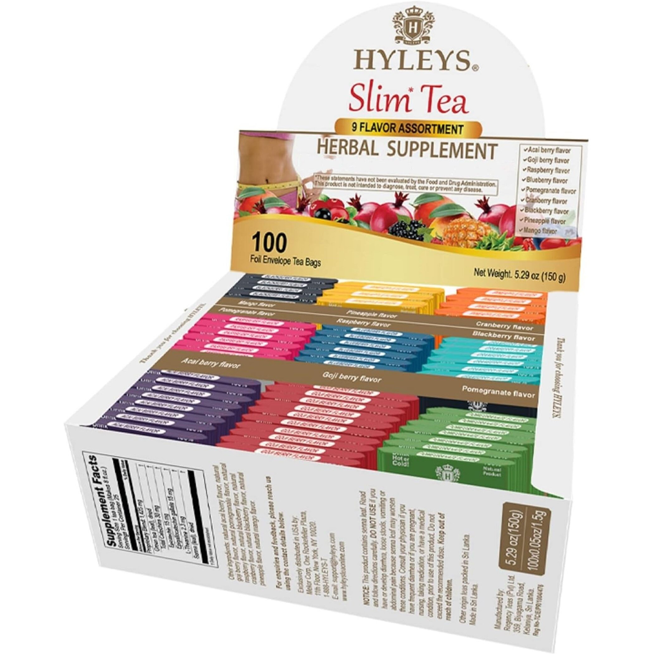 Hyleys Slim Tea 9 Flavor Assortment With Green Tea & Senna - Herbal Weight Loss Detox Cleanse Supplement For Belly Fat, Bloating & Metabolism Boost - 100 Tea Bags (1 Pack)