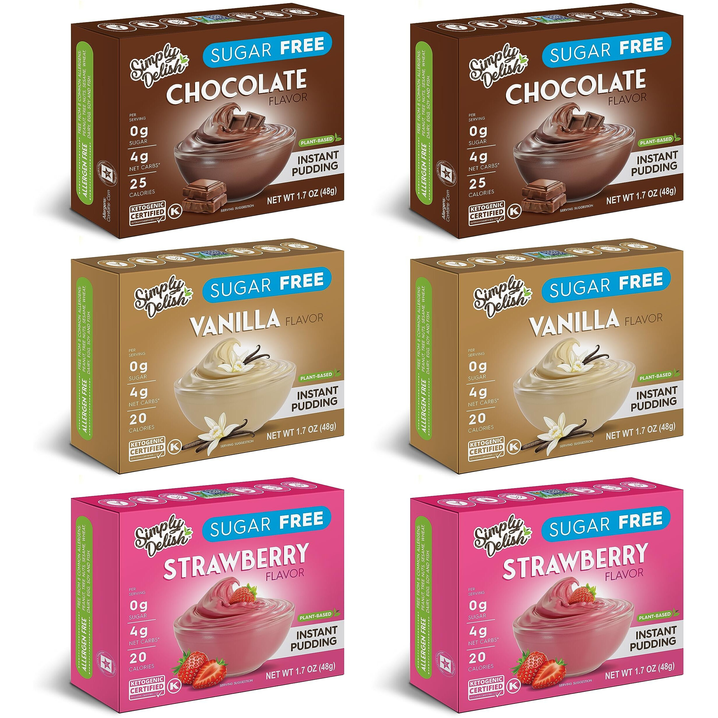 Simply Delish Instant Delicious Mixed Variety Pudding 6 Pack - Low Carb, Zero Sugar, Gluten Free, Allergen Free, Non-Gmo, Vegan & Plant-Based