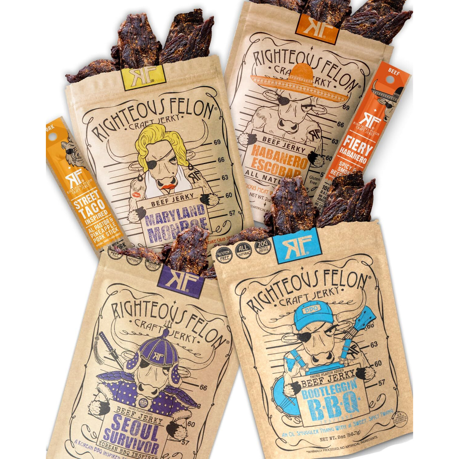Righteous Felon Beef Jerky & Meat Sticks Variety Pack | Gluten Free Beef Jerky Snack Packs For Adults | High Protein, Keto, Low Sugar | Made With Premium Meats | Gifts For Men | Spicy Jerky 6 Pack