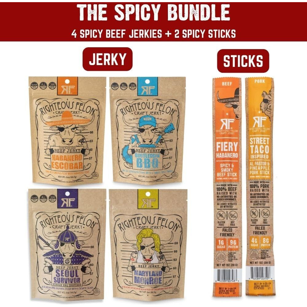 Righteous Felon Beef Jerky & Meat Sticks Variety Pack | Gluten Free Beef Jerky Snack Packs For Adults | High Protein, Keto, Low Sugar | Made With Premium Meats | Gifts For Men | Spicy Jerky 6 Pack