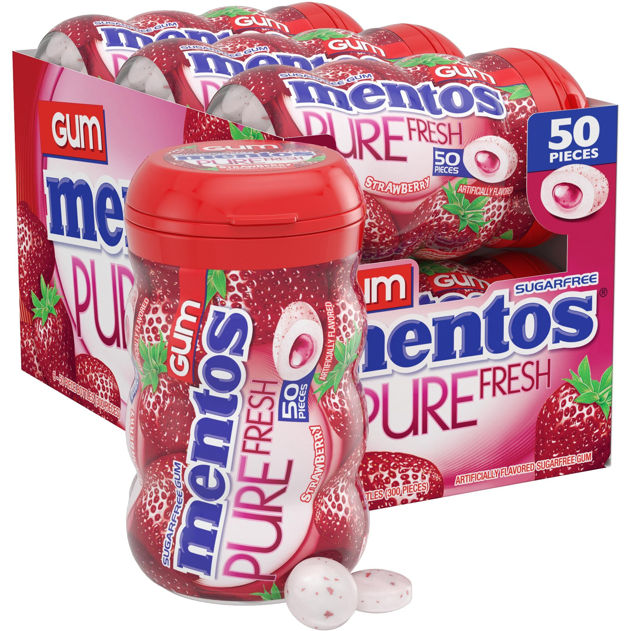 Mentos Pure Fresh Sugar-Free Chewing Gum With Xylitol, Strawberry, 50 Piece Bottle (Bulk Pack Of 6)
