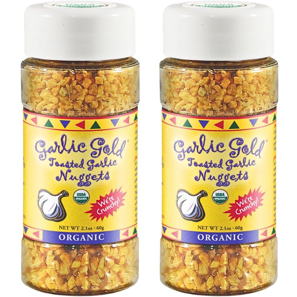 Garlic Gold Toasted Garlic Nuggets, Crunchy Roasted Garlic Seasoning, Usda Certified Organic Salad Topper, Keto Paleo Friendly (2.1 Ounces, 2 Pack)