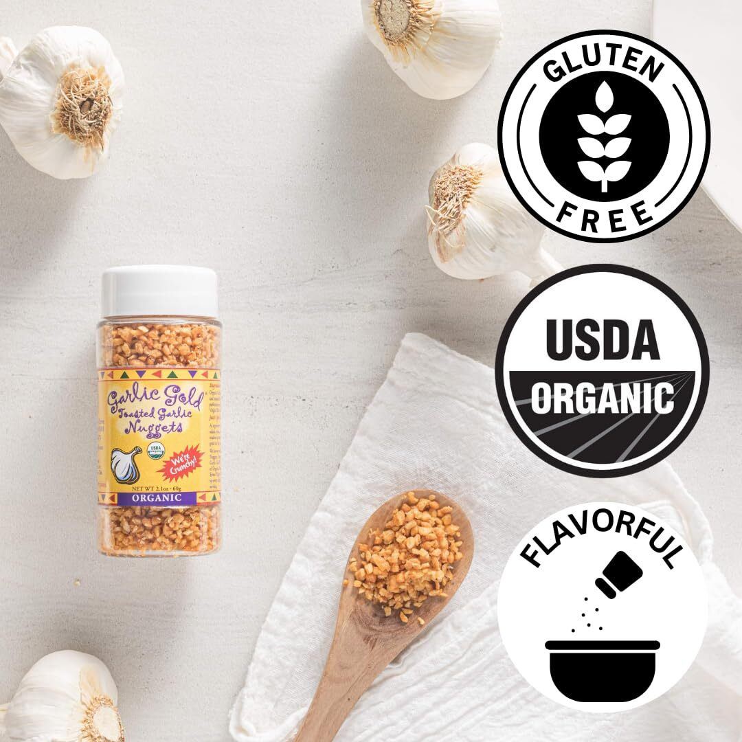 Garlic Gold Toasted Garlic Nuggets, Crunchy Roasted Garlic Seasoning, Usda Certified Organic Salad Topper, Keto Paleo Friendly (2.1 Ounces, 2 Pack)