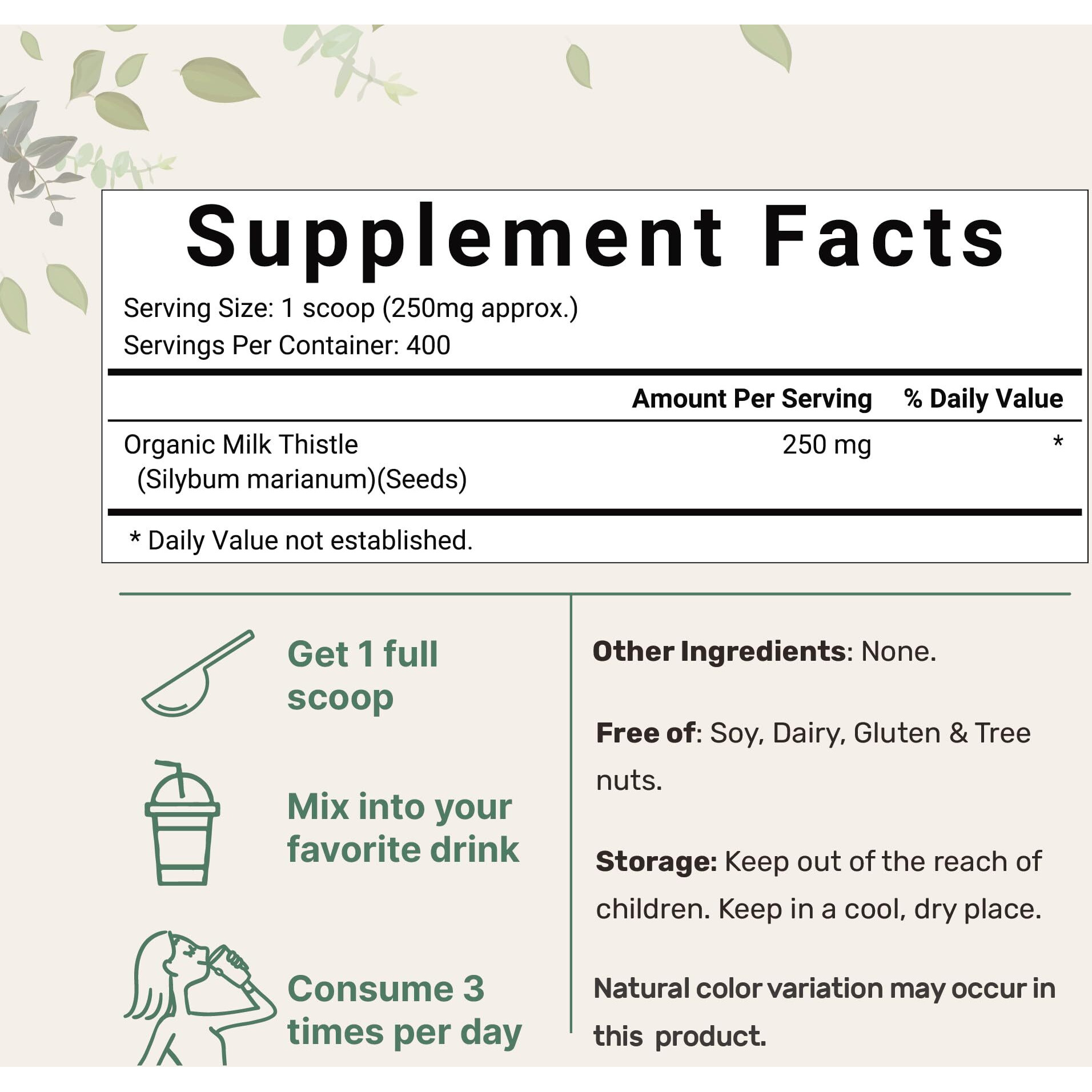 Organic Milk Thistle Tea Powder, 3.5 Ounces | 400 Servings | Premium Milk Thistle Liver Detox Supplement | Contains Active Silymarin | Non-Gmo, Vegan Friendly, Eco-Friendly Recyclable Bags