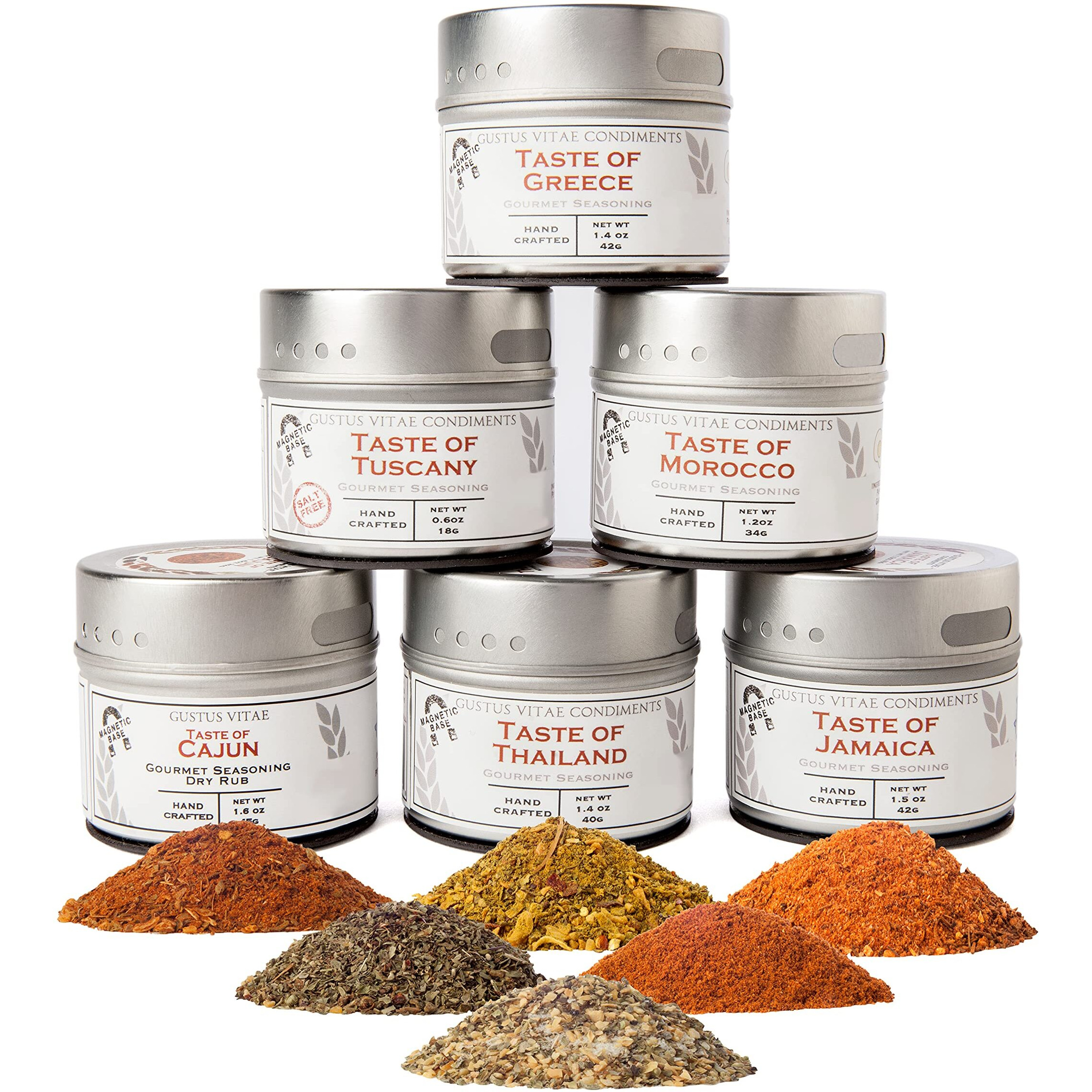Gourmet World Flavors Seasoning Collection | Non Gmo Verified | 6 Magnetic Tins | Spice Blends | Crafted In Small Batches By Gustus Vitae | 68