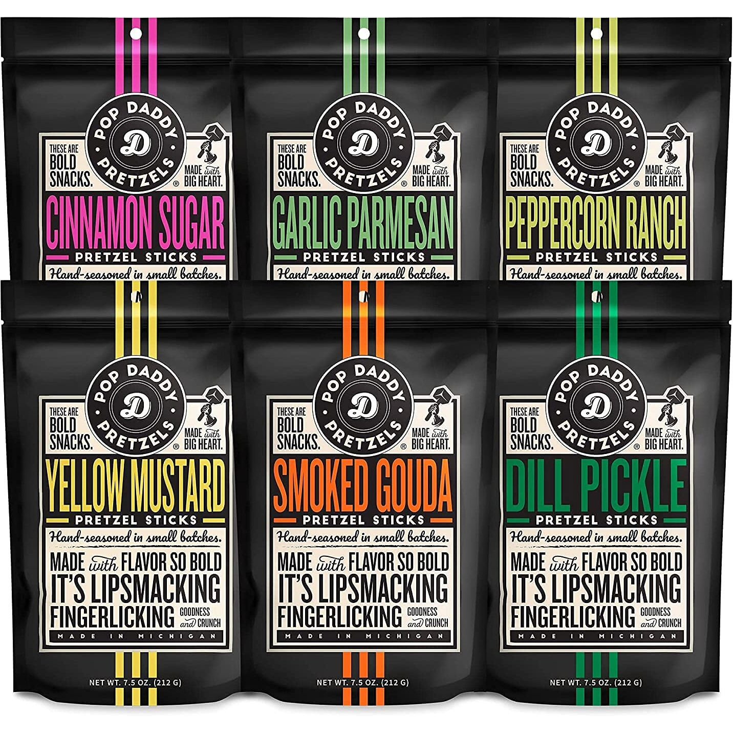 Pop Daddy Flavored Pretzels Sticks | Healthy Gourmet Pretzels Snacks | 7.5Oz Variety Pack Pretzels | 6 Pack | Garlic Parm, Cinnamon Sugar, Peppercorn Ranch, Smoked Gouda, Dill Pickle, Yellow Mustard
