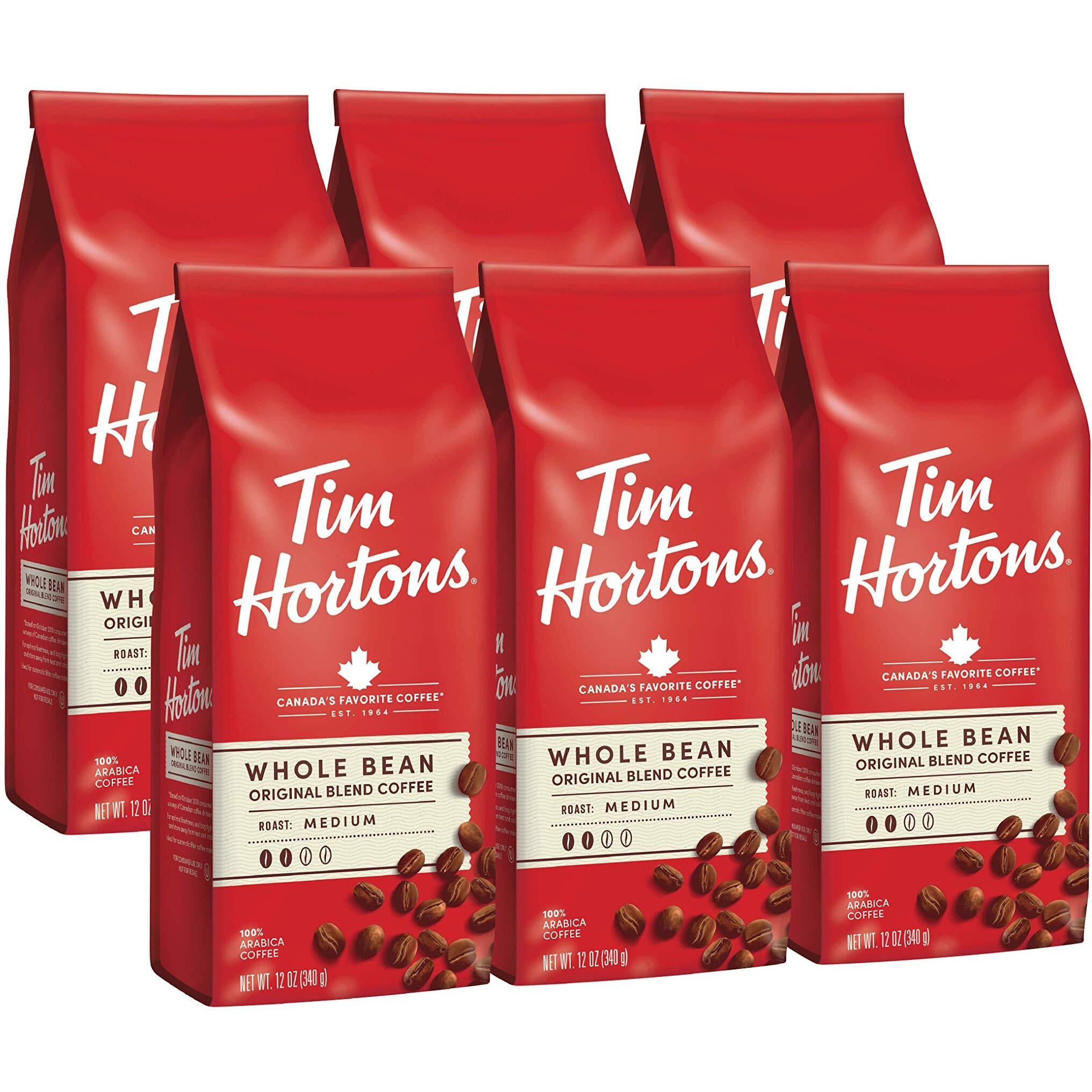 Tim Hortons Whole Bean Original, Medium Roast Coffee, Made With 100% Arabica Beans, 12 Ounce Bag, 6-Pack
