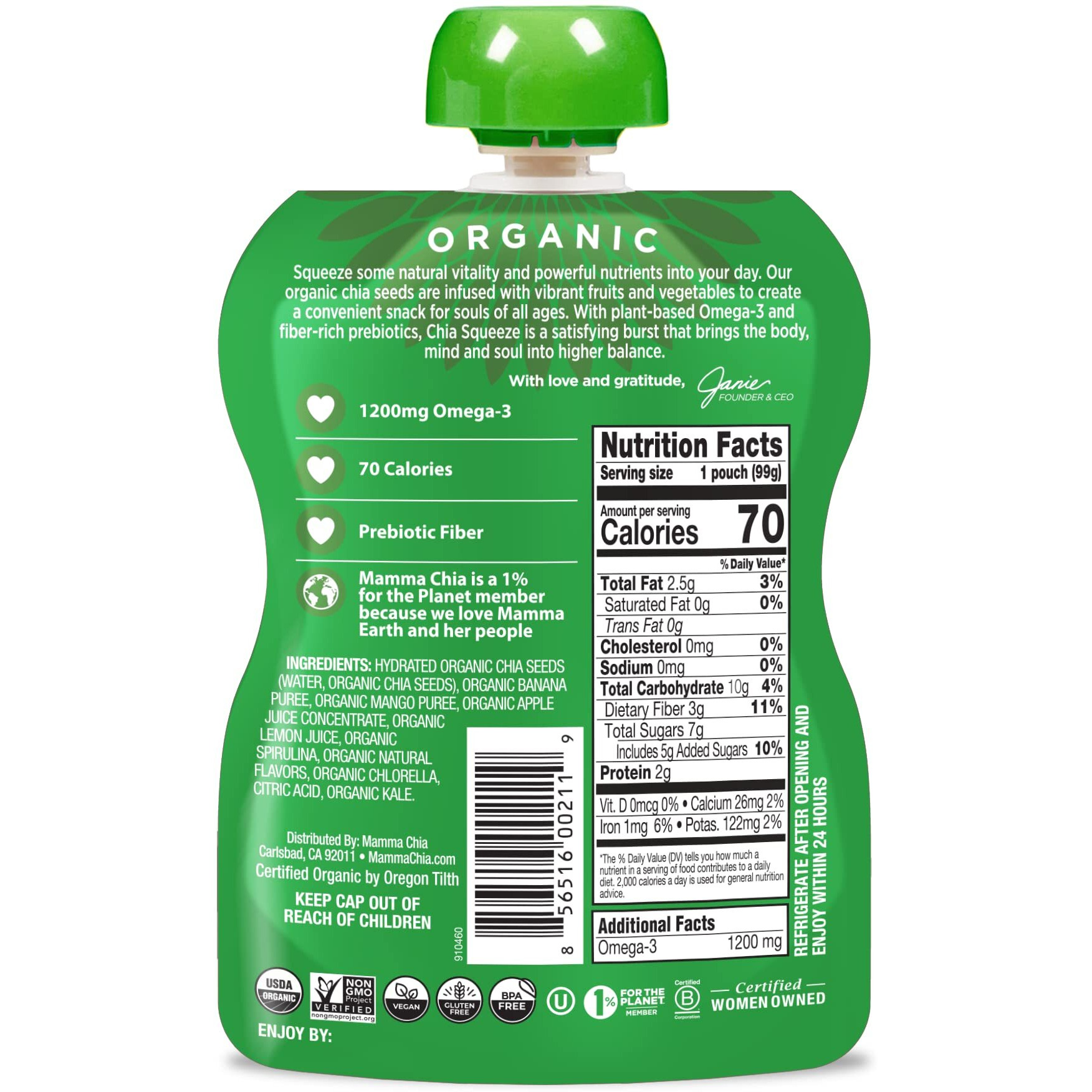 Mamma Chia Organic Vitality Squeeze Snack, Green Magic, 24- 3.05 Ounce Chia Snack. Usda Organic, Non-Gmo, Vegan, Gluten Free, And Kosher. Fruit And Vegetables With Only 70 Calories