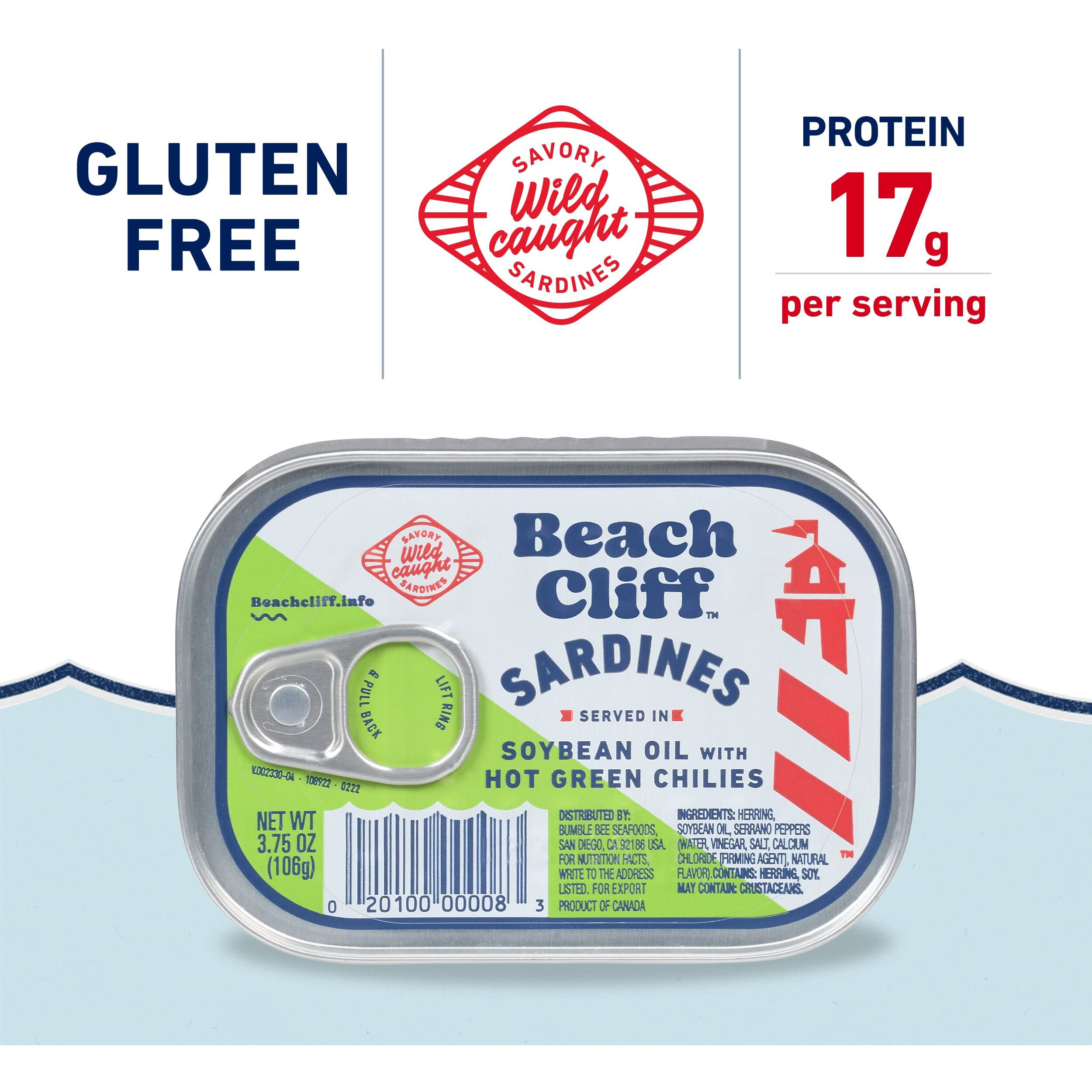 Beach Cliff Wild Caught Sardines In Soybean Oil With Hot Green Chilies, 3.75 Oz Can (Pack Of 12) - 17G Protein Per Serving - Gluten Free, Keto Friendly - Great For Pasta & Seafood Recipes