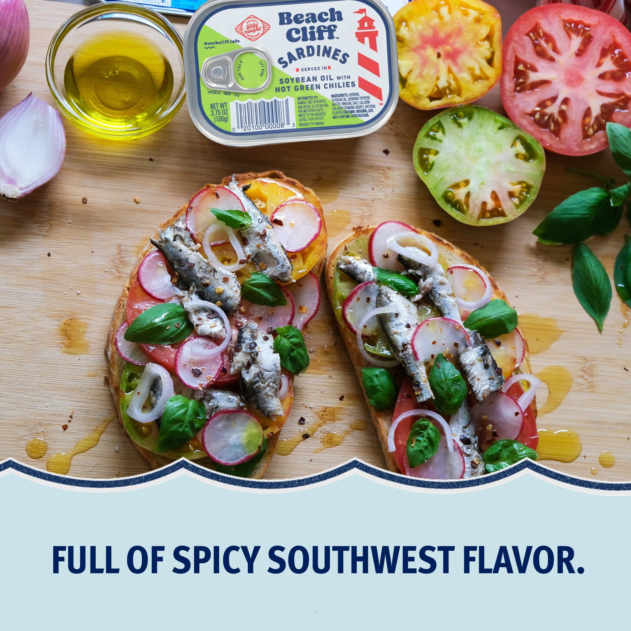 Beach Cliff Wild Caught Sardines In Soybean Oil With Hot Green Chilies, 3.75 Oz Can (Pack Of 12) - 17G Protein Per Serving - Gluten Free, Keto Friendly - Great For Pasta & Seafood Recipes