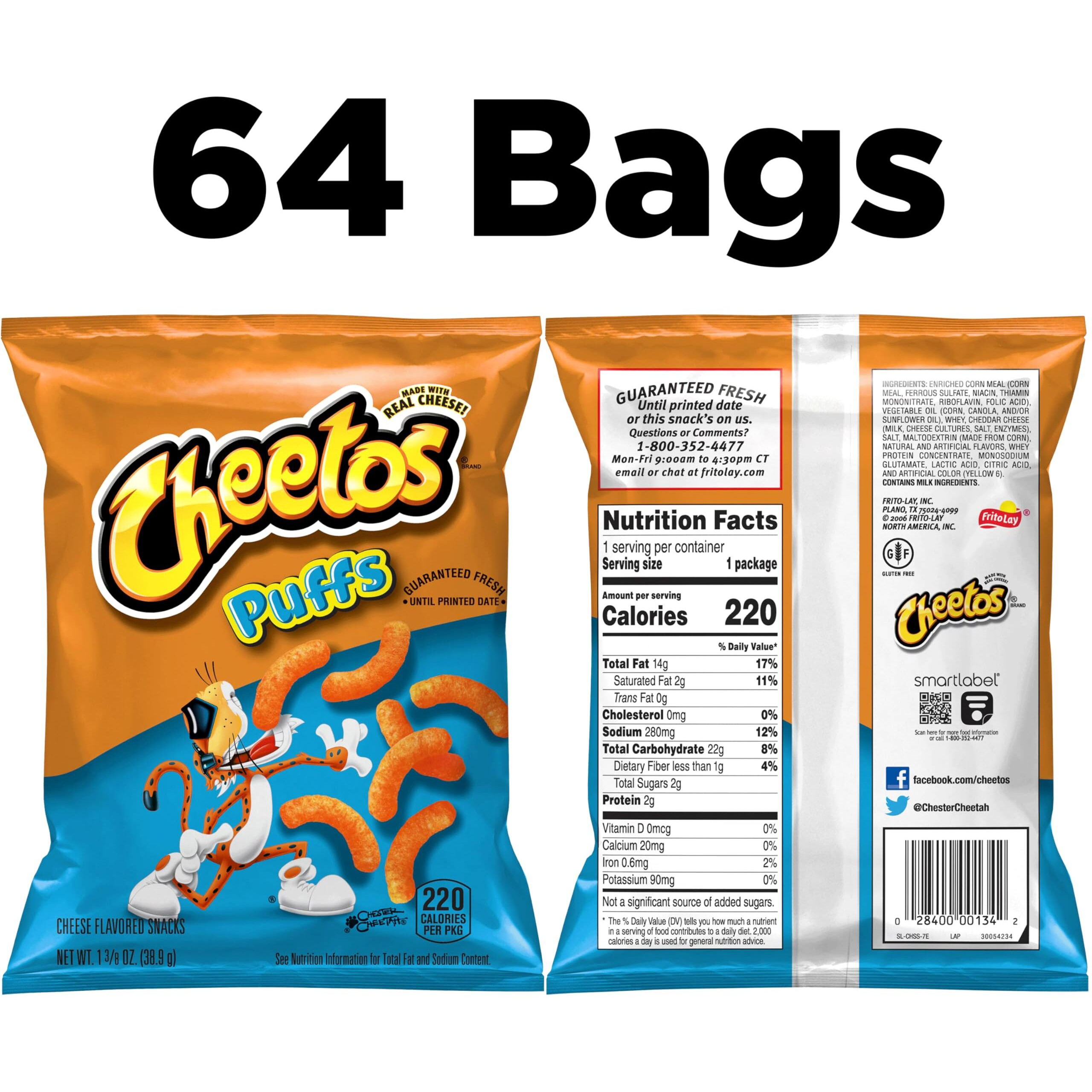 Cheetos Cheese Flavored Snacks, Puffs, 1.375 Ounce (Pack Of 64)