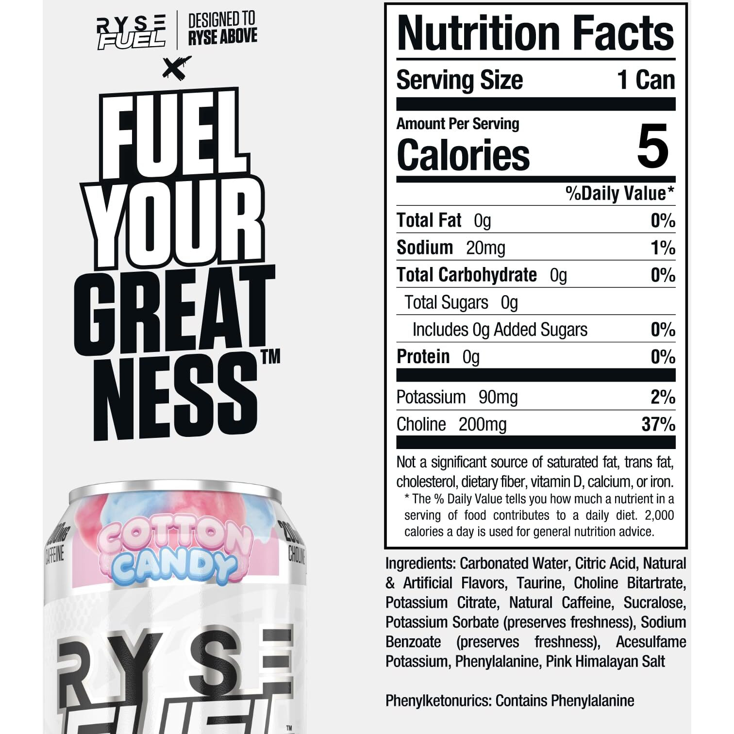 Ryse Fuel Sugar Free Energy Drink | Ryse X Suga Sean | Vegan Friendly, Gluten Free | No Fillers & No Artificial Colors | Low Calorie | 200Mg Natural Caffeine | 12 Pack (Cotton Candy)