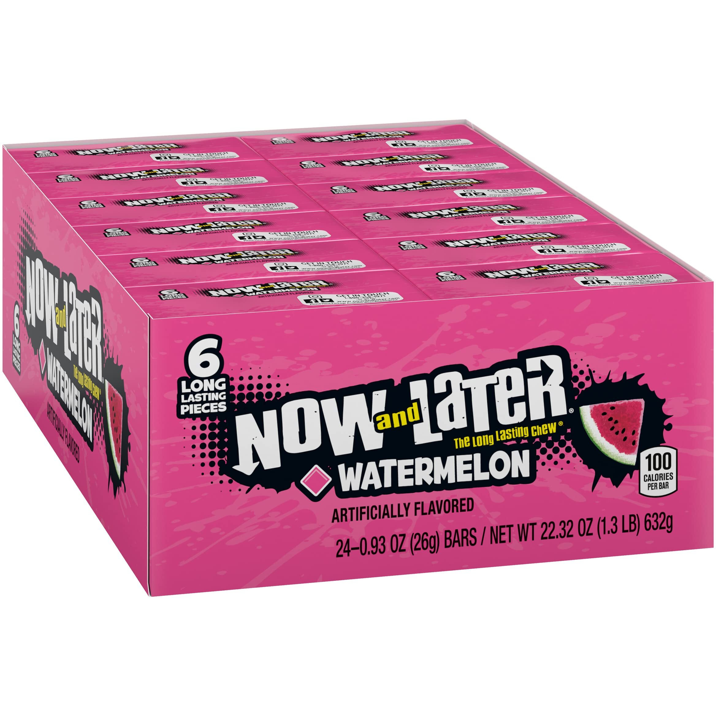 Now And Later Candy, Watermelon Flavor, 0.93 Ounce Bars (Pack Of 24)