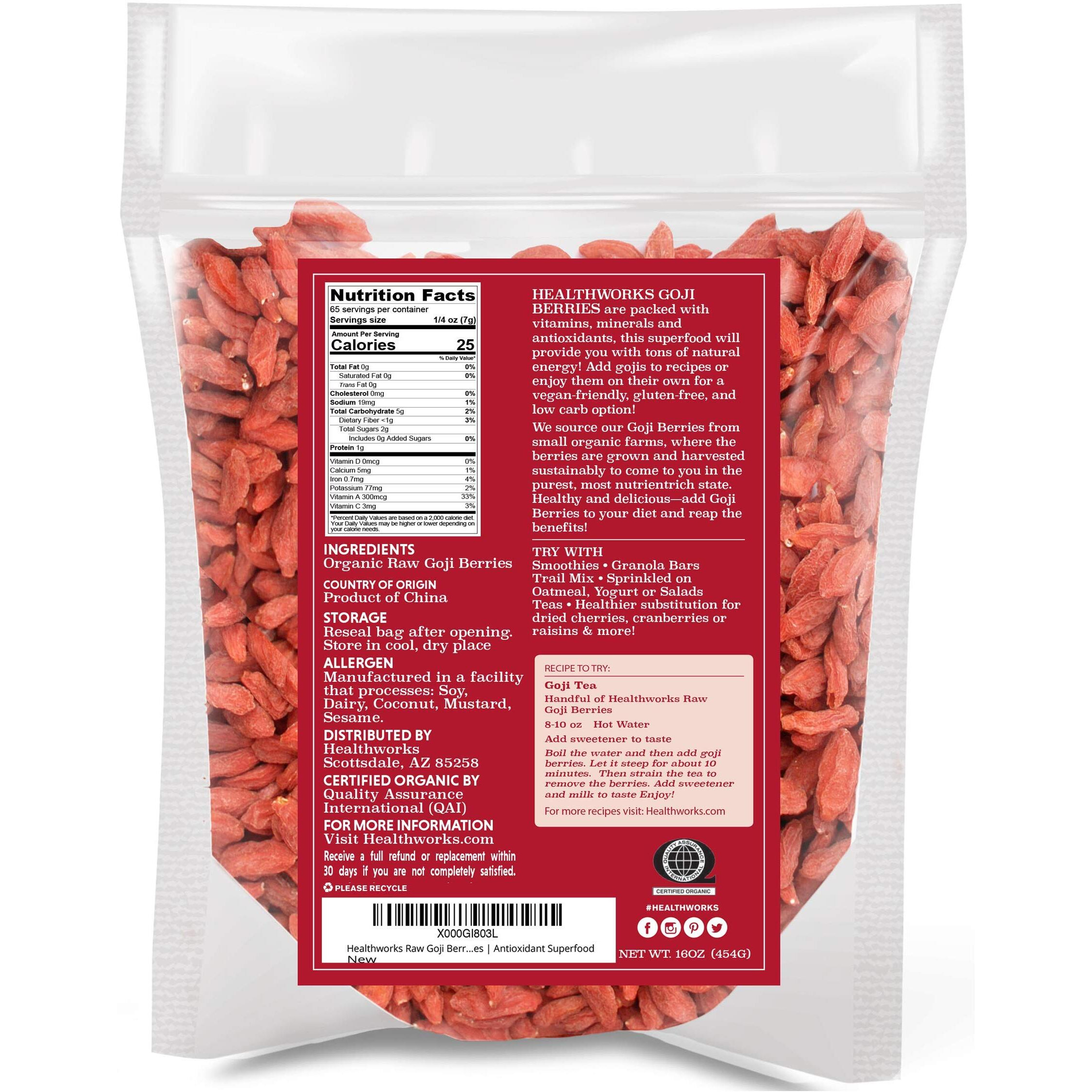 Healthworks Raw Goji Berries (16 Ounces / 1 Pound) | Certified Organic & Sun-Dried | Keto, Vegan & Non-Gmo | Baking, Teas & Smoothies | Antioxidant Superfood