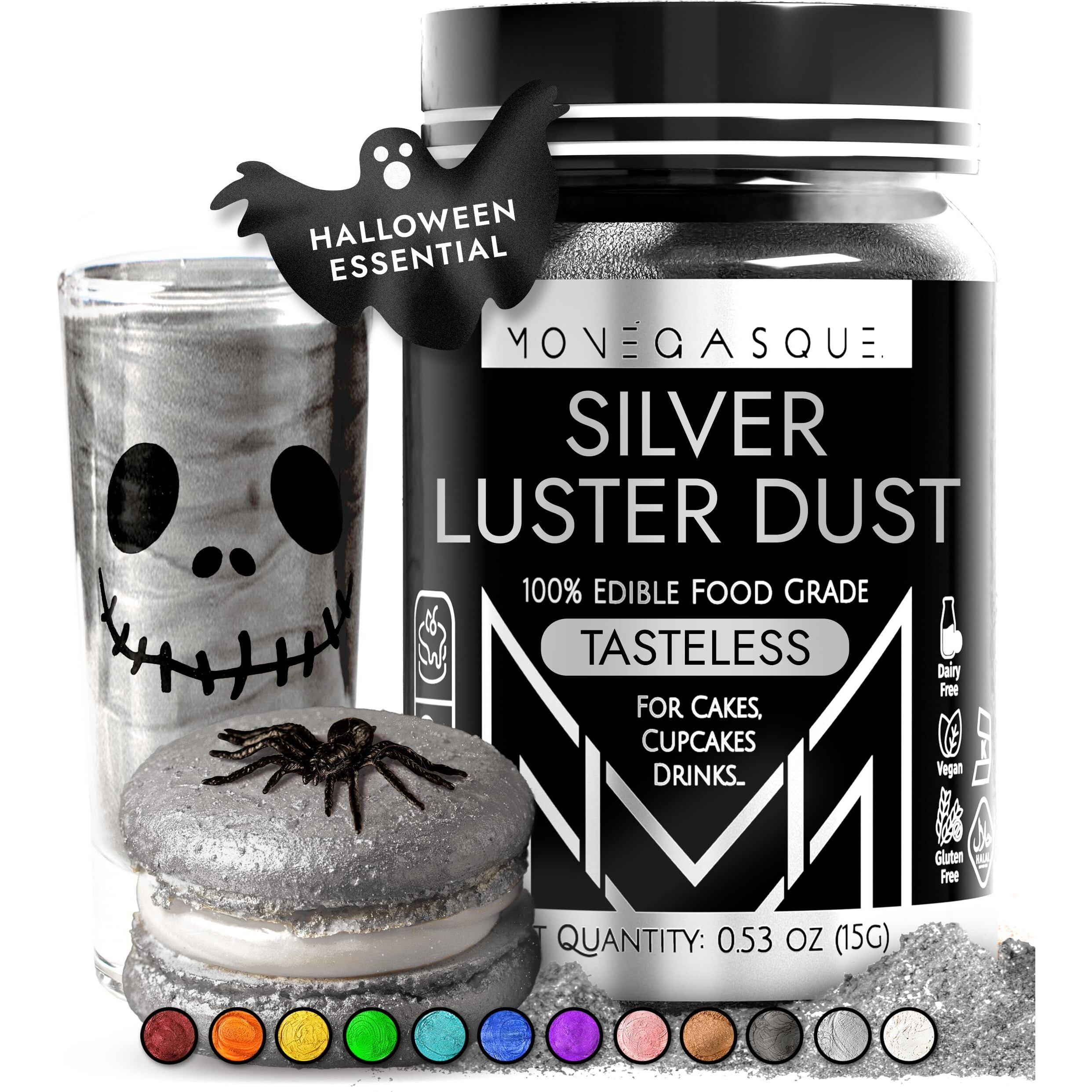 Mon  Gasque Silver Luster Dust Edible Glitter For Cocktails 15G - Premium Silver Edible Luster Dust For Halloween Food Decorations - Silver Edible Glitter - Silver Food Coloring - Silver Edible Dust