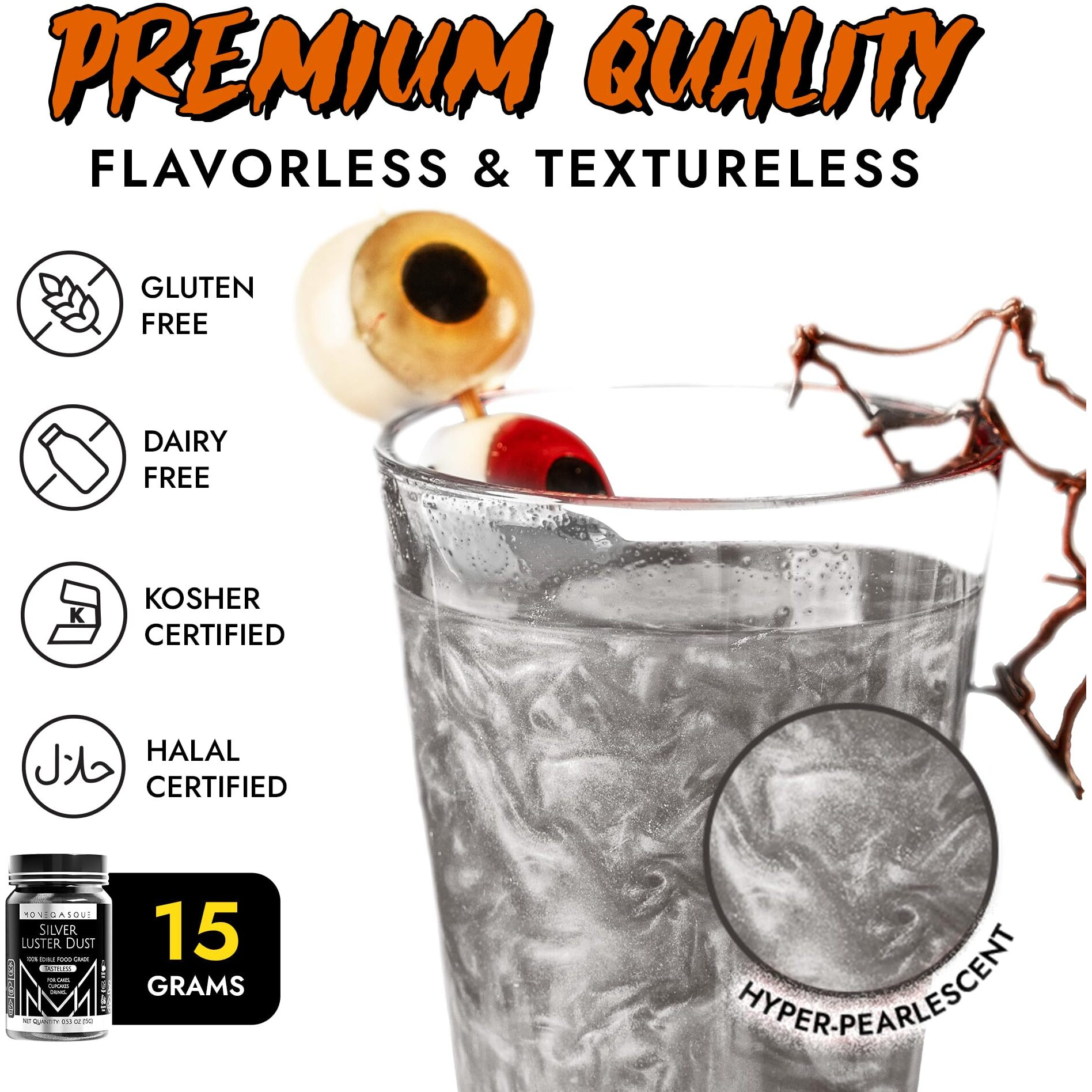 Mon  Gasque Silver Luster Dust Edible Glitter For Cocktails 15G - Premium Silver Edible Luster Dust For Halloween Food Decorations - Silver Edible Glitter - Silver Food Coloring - Silver Edible Dust