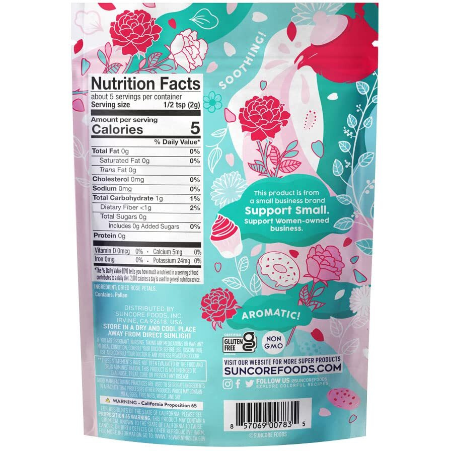 Suncore Foods Dried Rose Petals Bloom, Caffeine-Free Tea, Gluten-Free, Non-Gmo, 0.3Oz (1 Pack)