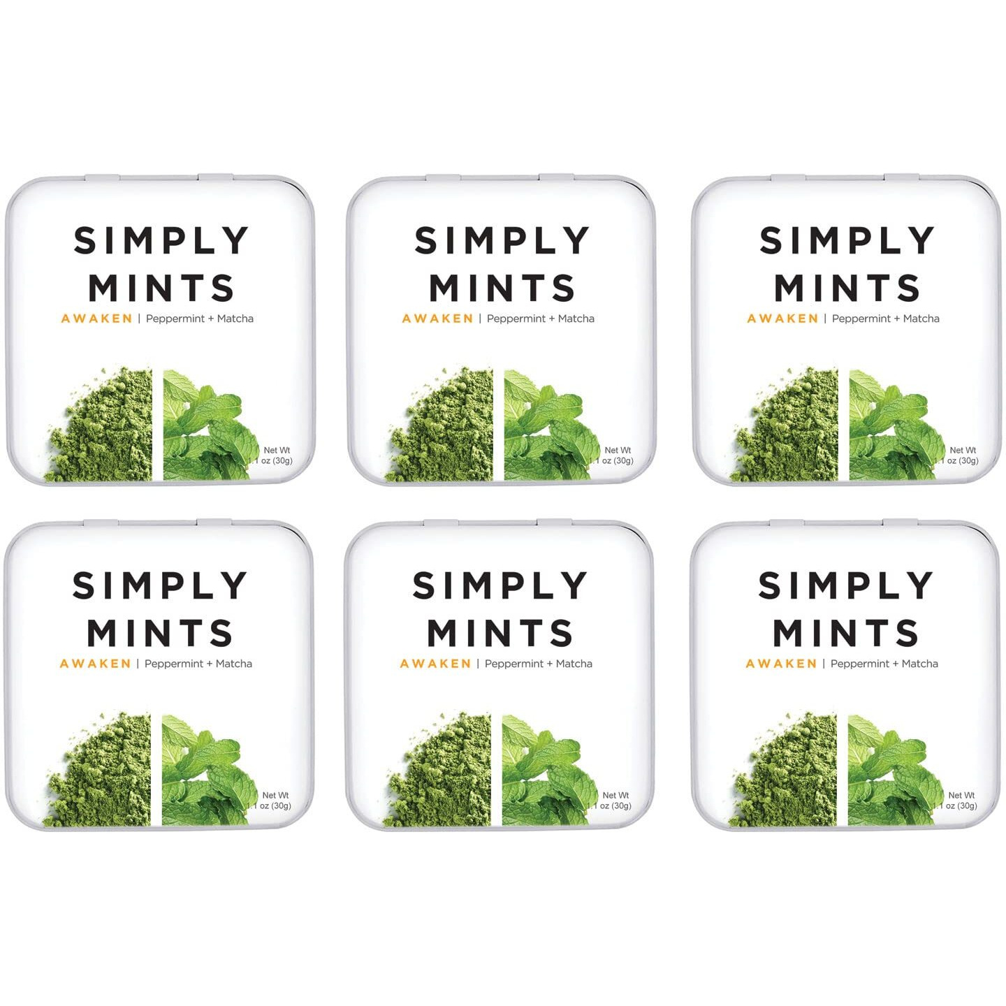 Simply Mints | Breath Mints- Awaken (Caffeine + Peppermint + Matcha) | Pack Of Six (180 Pieces Total) | Breath Freshening + Aspartame-Free + Vegan + Non-Gmo
