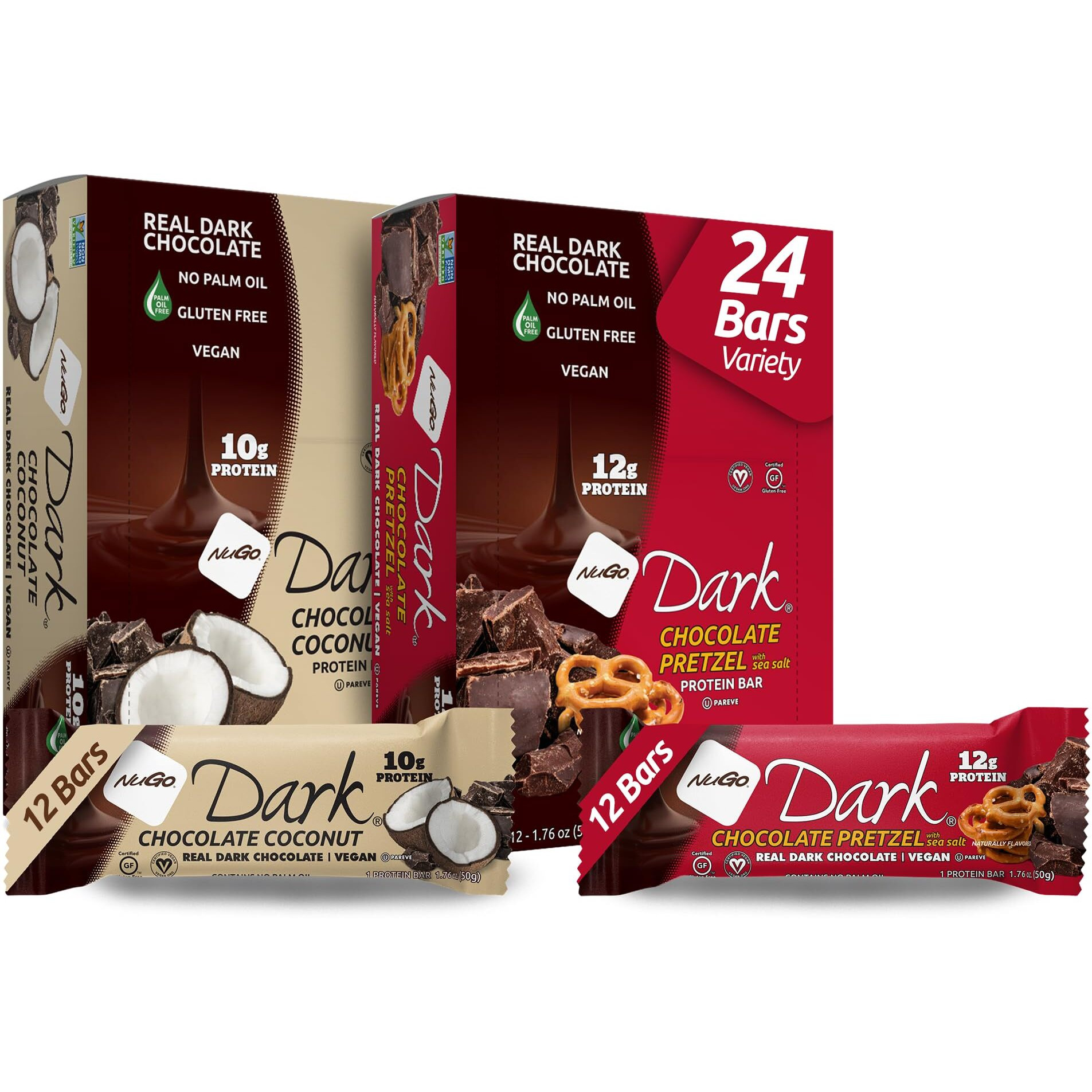 Nugo Dark Variety - Pretzel With Sea Salt 12 Bars & Dark Coconut 12 Bars, Vegan, 200 Calorie, Gluten Free, 24 Count