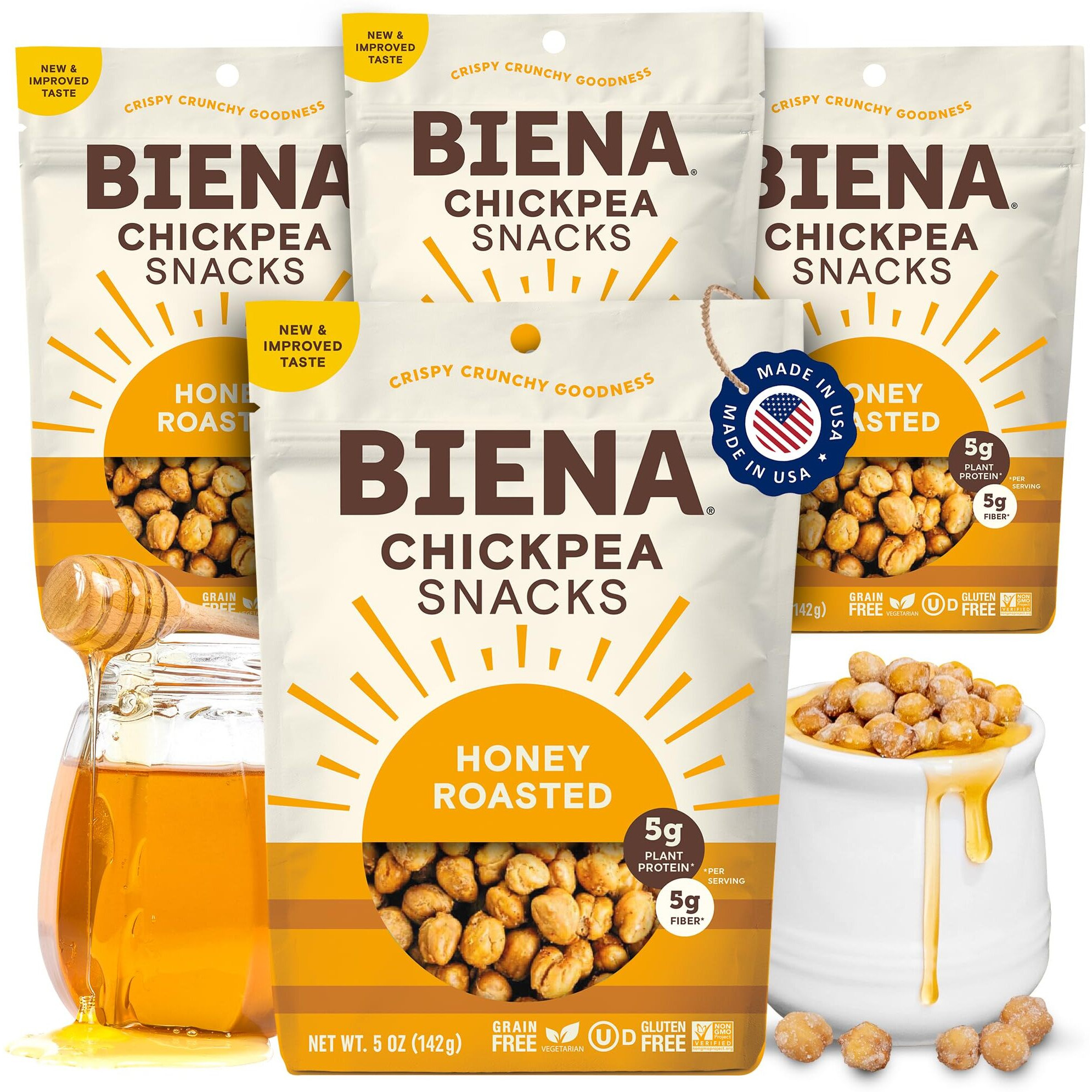 Biena Chickpea Snacks - Crunchy Roasted Chickpeas - High Fiber Vegan Protein Snacks For Adults And Kids - 4-Pack, 5 Ounce Bags - Honey Roasted