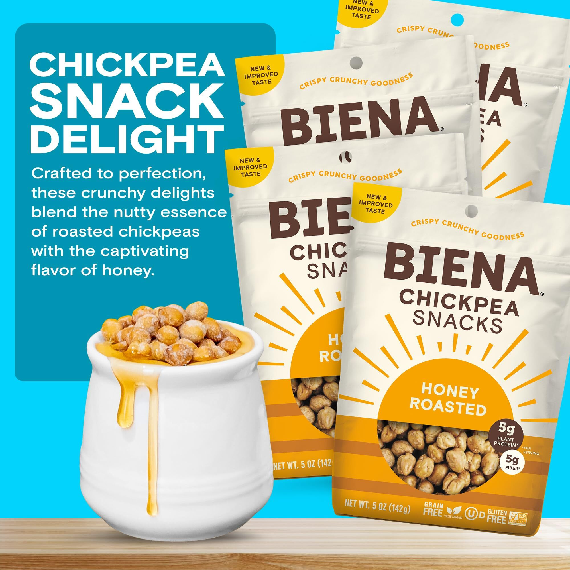 Biena Chickpea Snacks - Crunchy Roasted Chickpeas - High Fiber Vegan Protein Snacks For Adults And Kids - 4-Pack, 5 Ounce Bags - Honey Roasted
