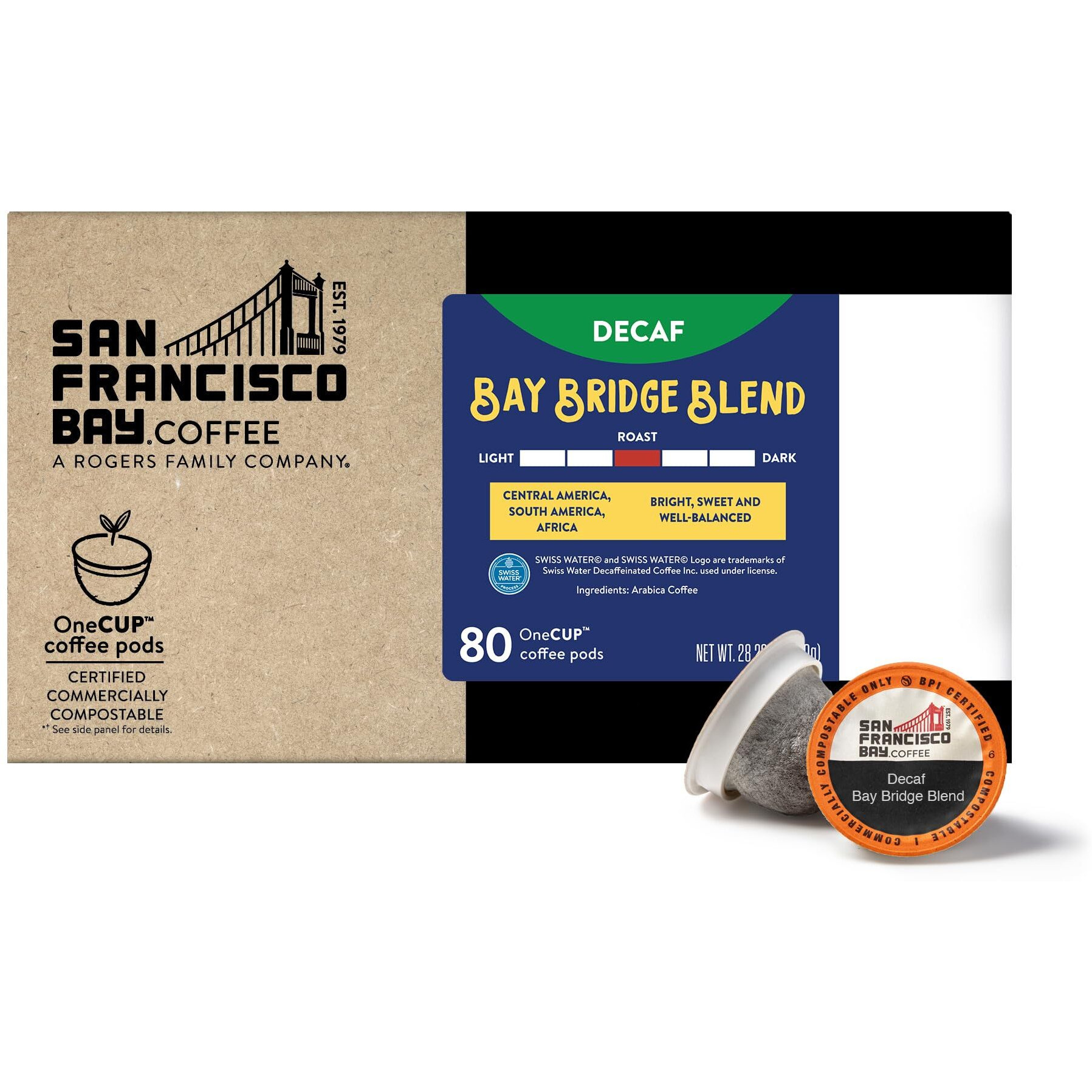 San Francisco Bay Compostable Coffee Pods - Decaf Bay Bridge Blend (80 Ct) K Cup Compatible, Medium Roast, Swiss Water Processed