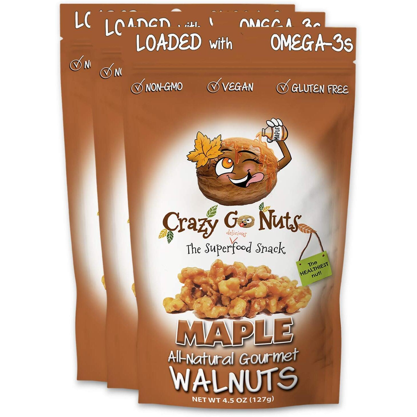Crazy Go Nuts Walnuts - Maple, 4.5 Oz (3-Pack) - Healthy Snacks, Vegan, Low Carb, Gluten Free, Superfood - Natural, Non-Gmo, Ala, Omega 3 Fatty Acids, Good Fats, And Antioxidants